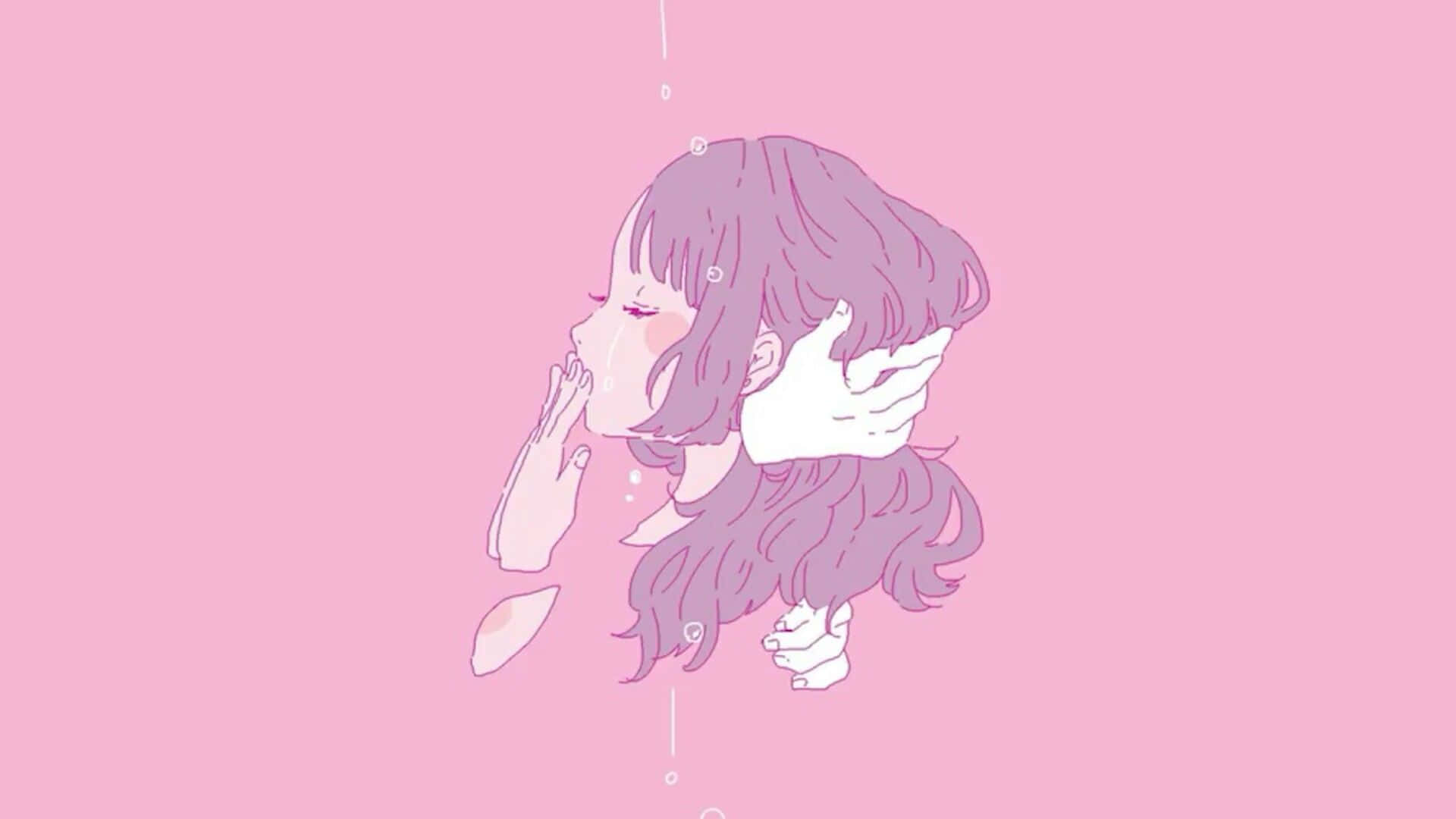 soft aesthetic computer, anime girl, purple hair, Full HD Desktop Wallpaper