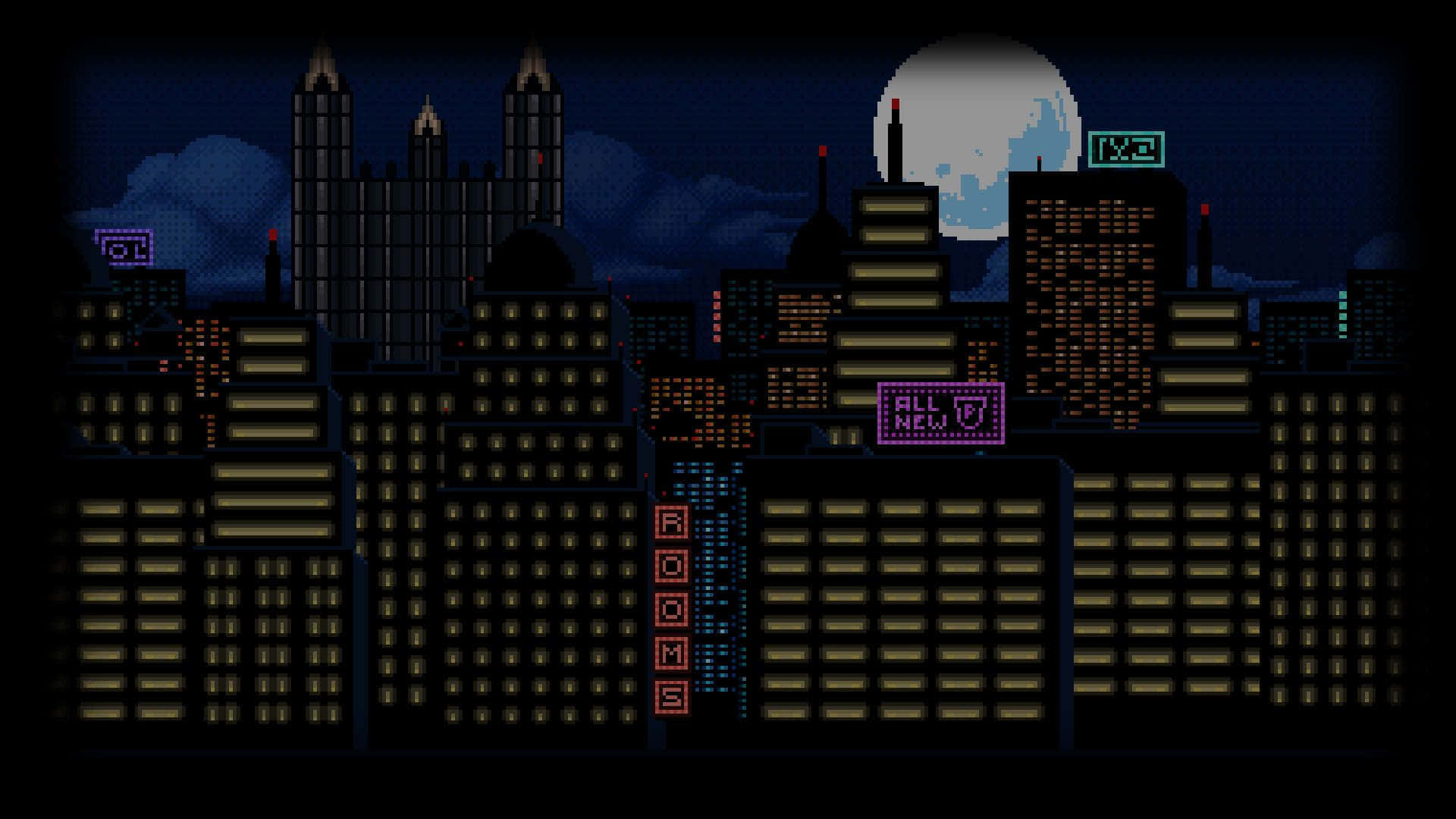 Pixel art cityscape, night, glowing windows, Full HD Desktop Wallpaper