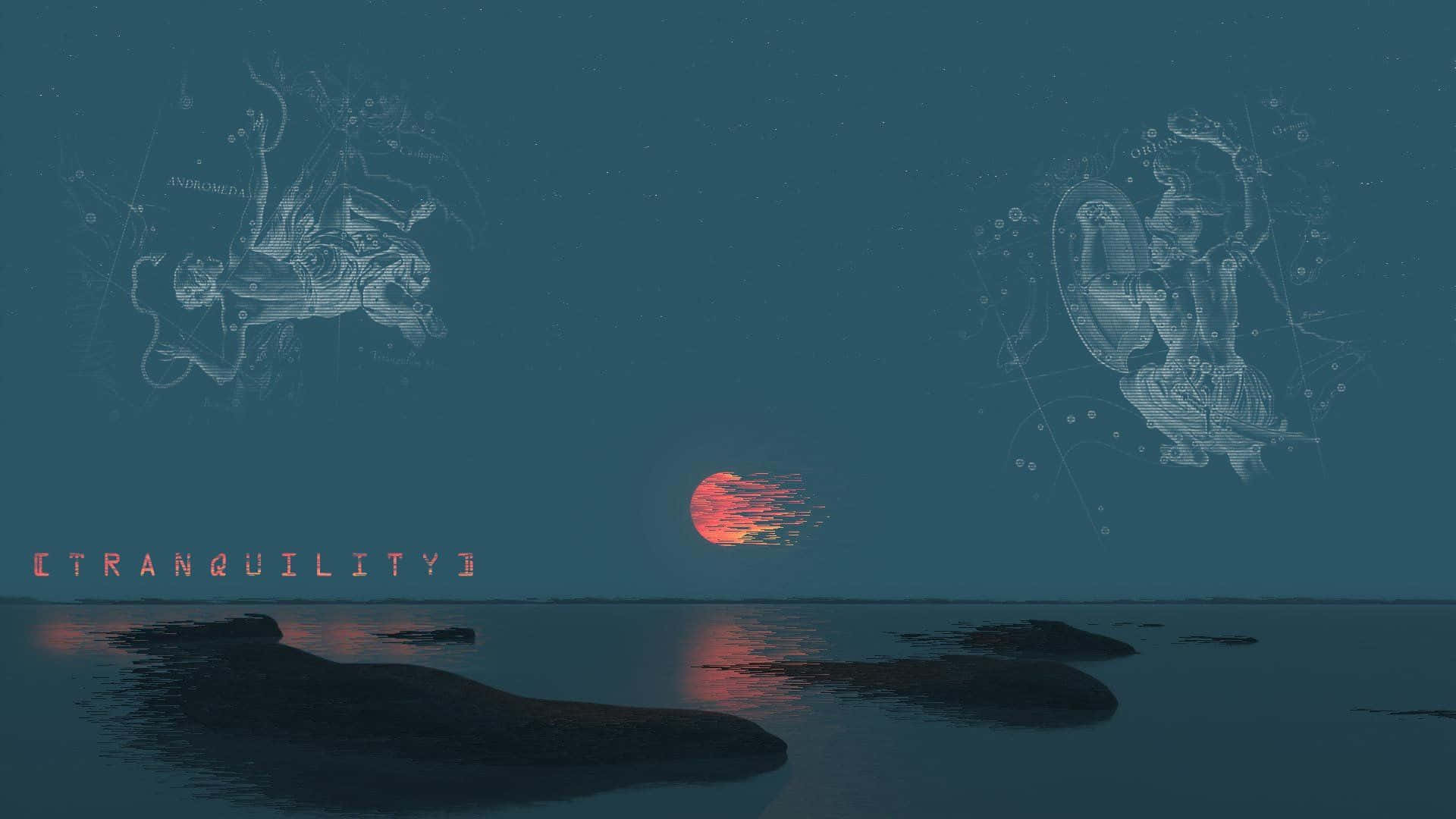 teal twilight, fiery red sun, calm water, Full HD Desktop Wallpaper