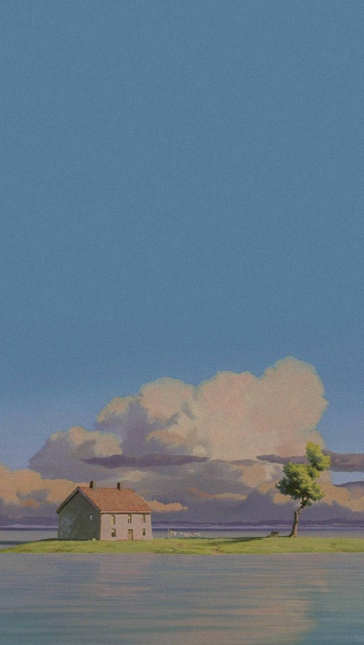 house on island, red roof, grassy island, SD Phone Wallpaper