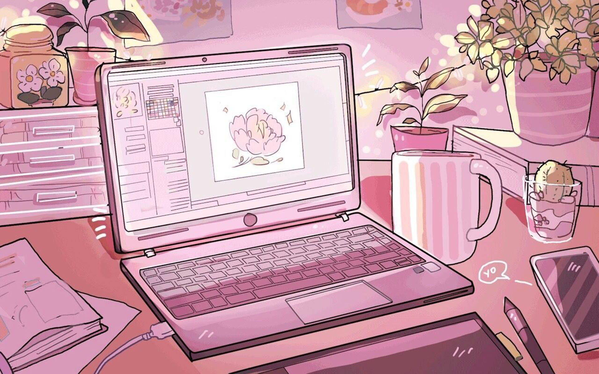 Soft Aesthetic, study table, pink, Full HD Desktop Wallpaper