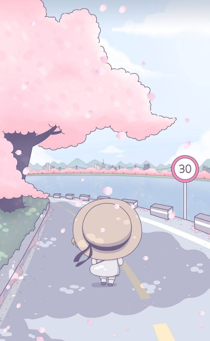 straw hat, road, pink cherry blossom tree, SD Phone Wallpaper