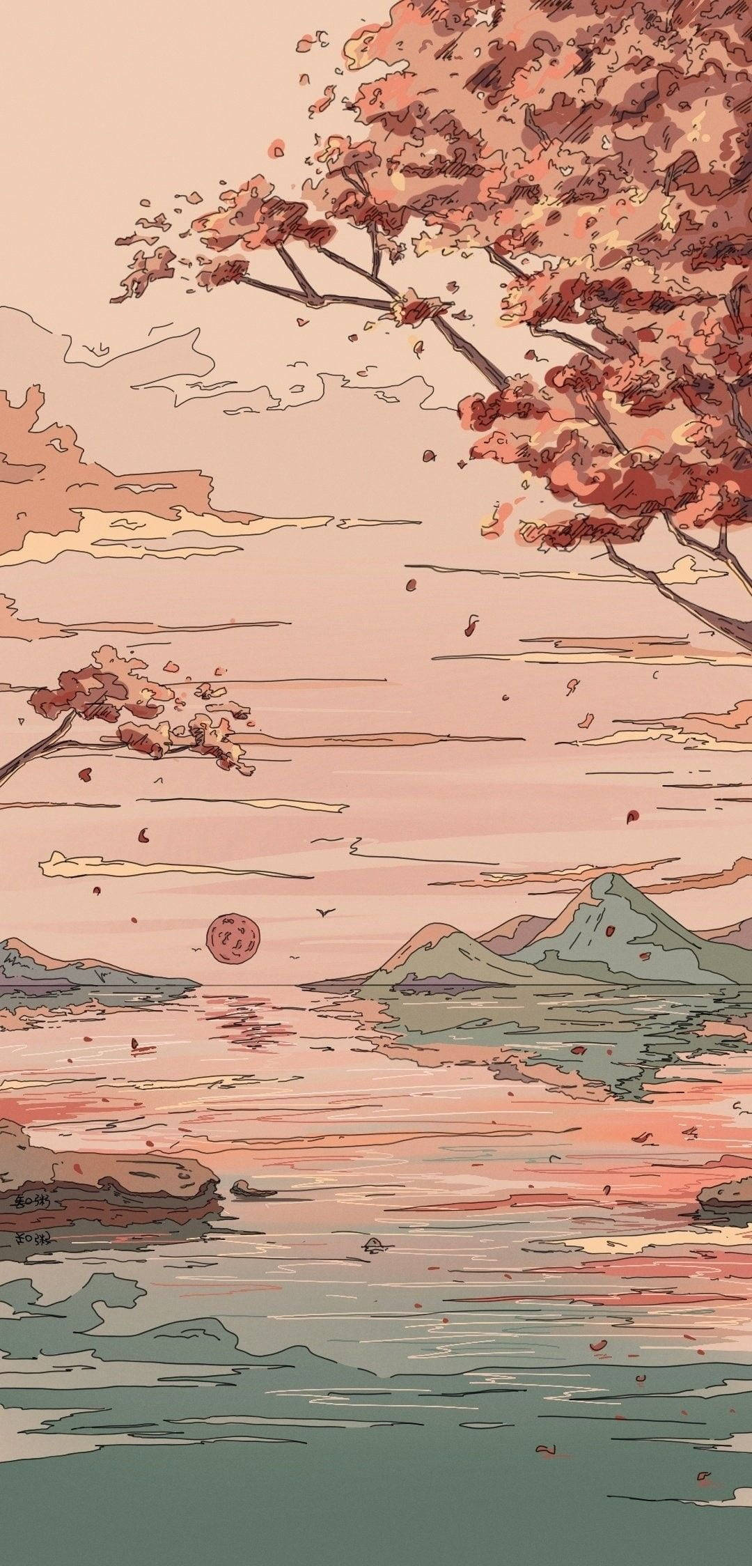 pink cherry blossoms, tranquil lake, sunset, Full HD Phone Wallpaper