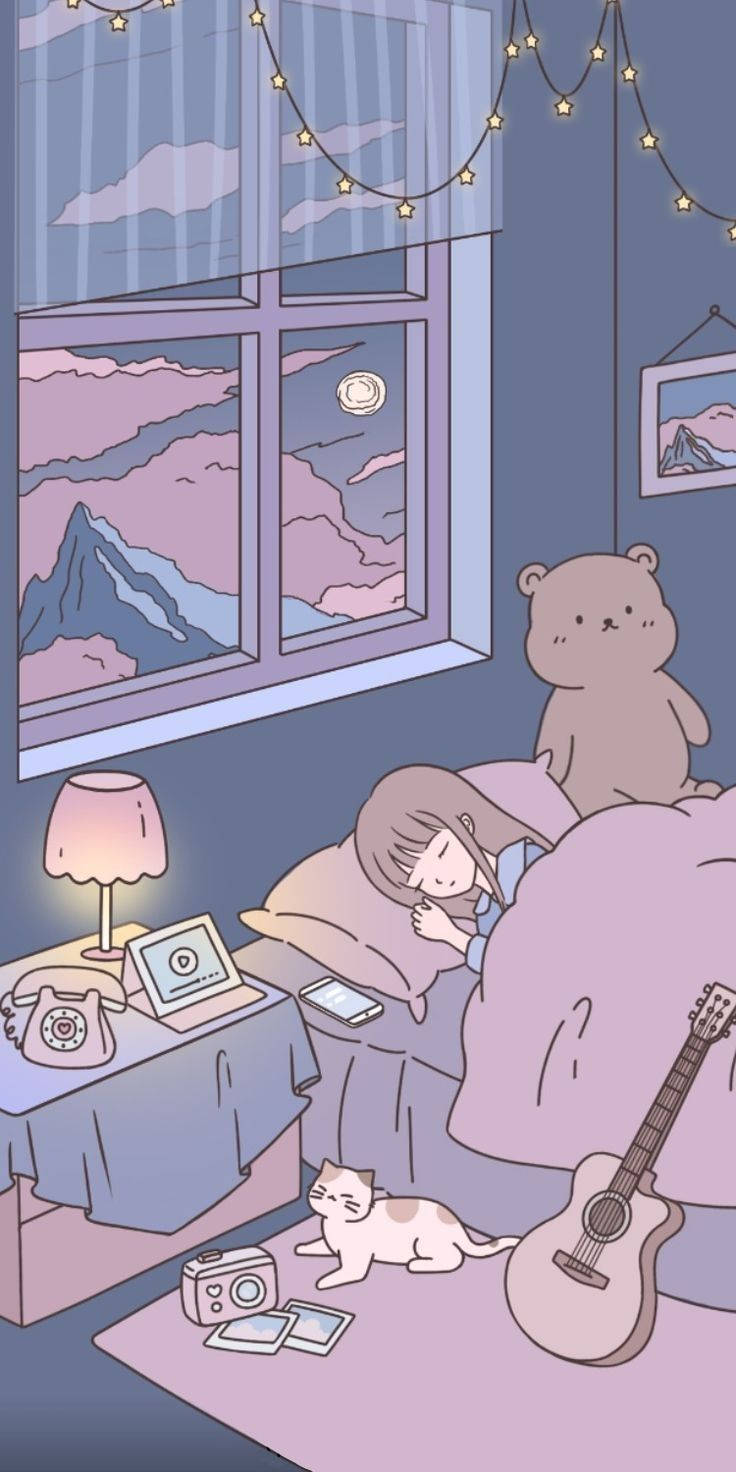 anime bedroom, sleeping girl, cat, HD Phone Wallpaper