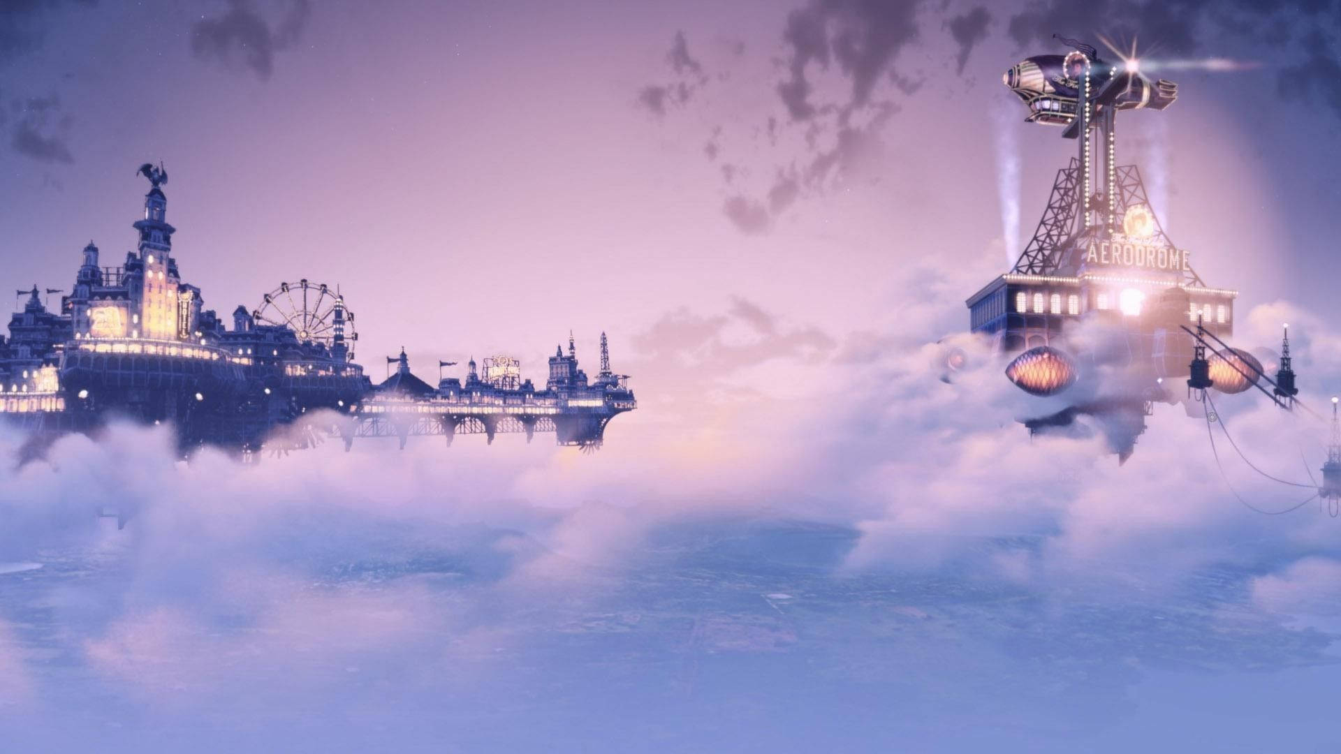 Soft Aesthetic, floating steampunk cities, twilight, Full HD Desktop Wallpaper
