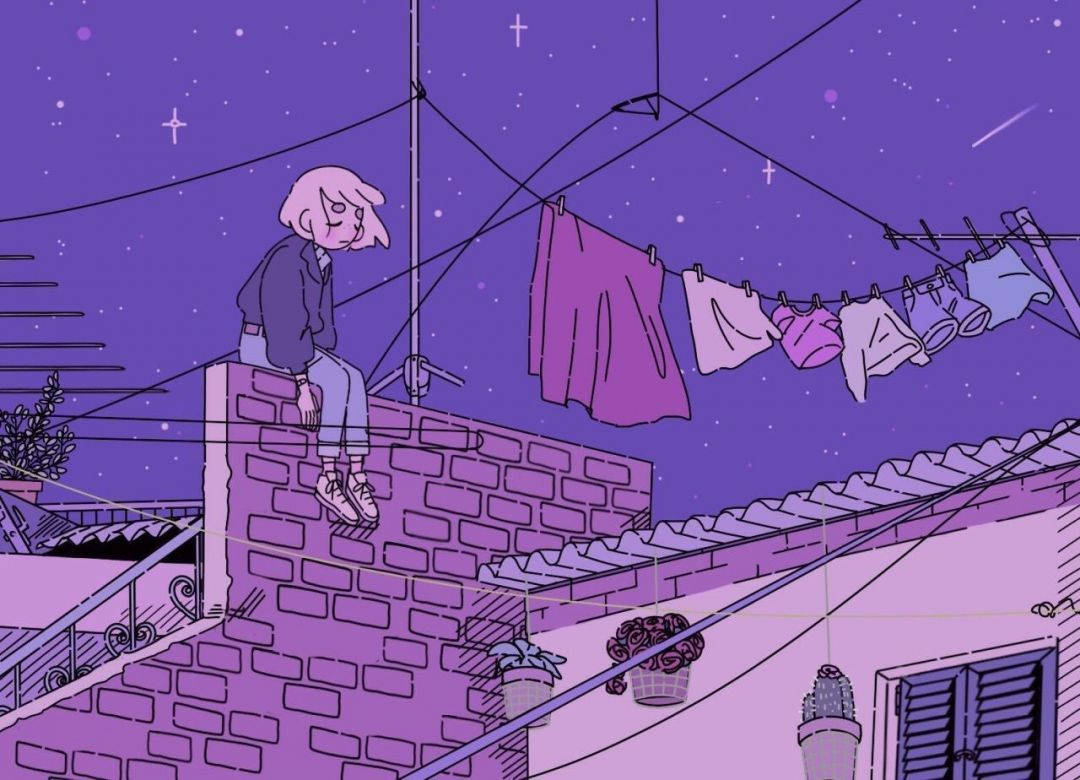 Sad Girl Soft Aesthetic, rooftop, starry purple sky, SD Desktop Wallpaper