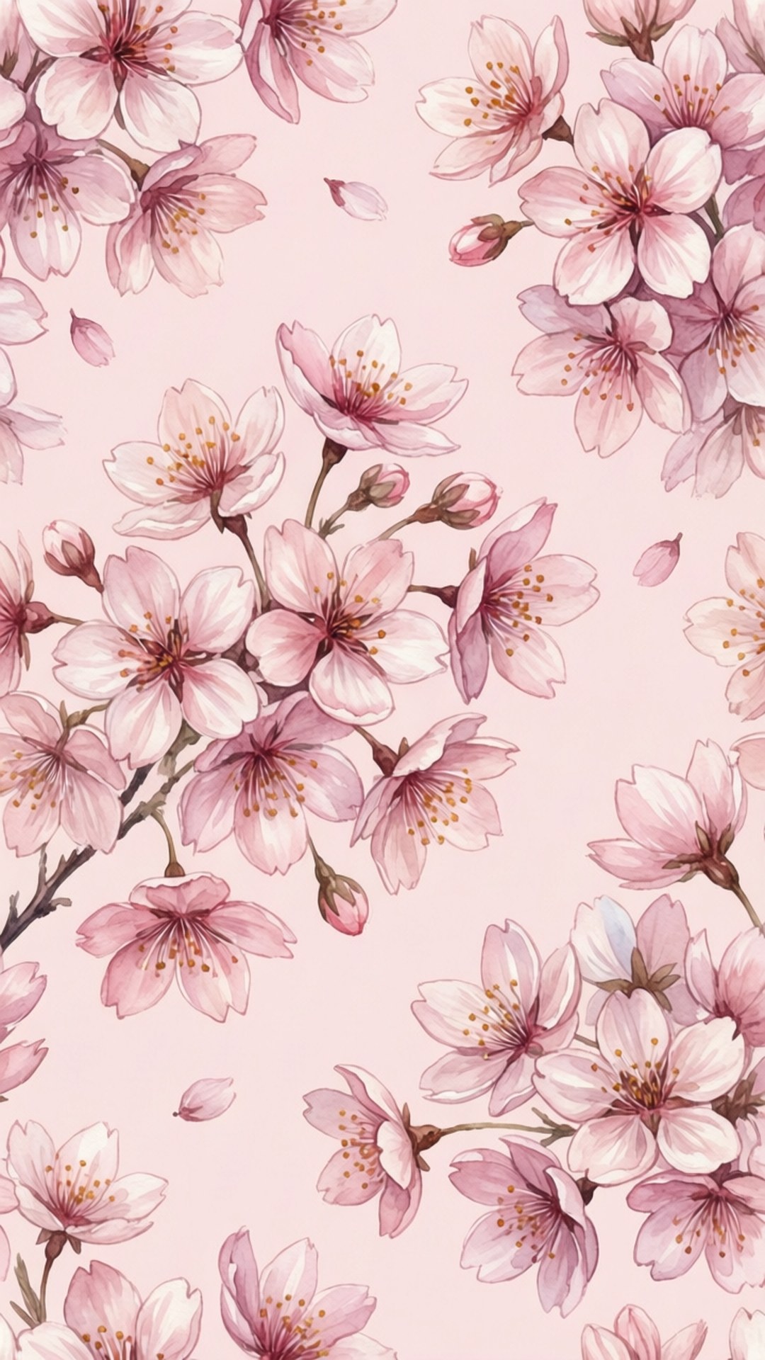 cherry blossom pattern, pink cherry blossoms, yellow stamens, Full HD Phone Wallpaper