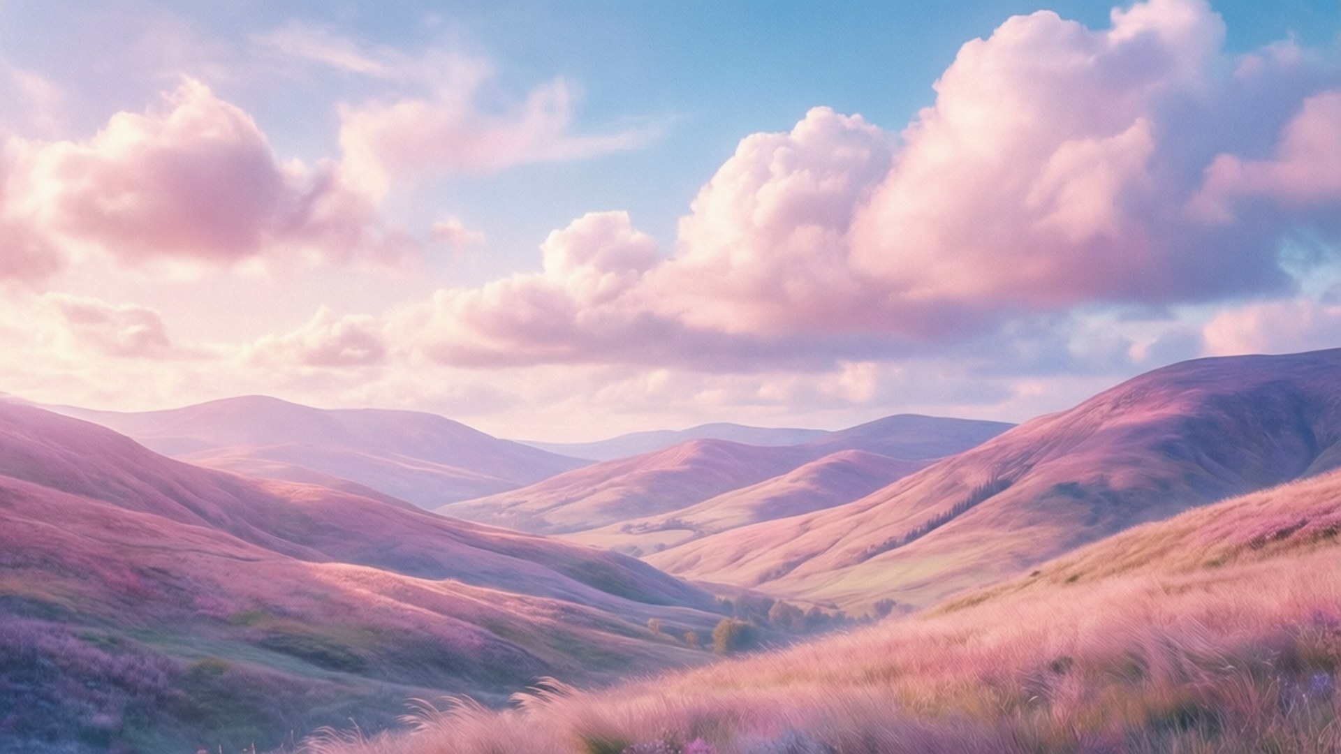 pastel dream hills, pink grass, soft pink and blue clouds, Full HD Desktop Wallpaper