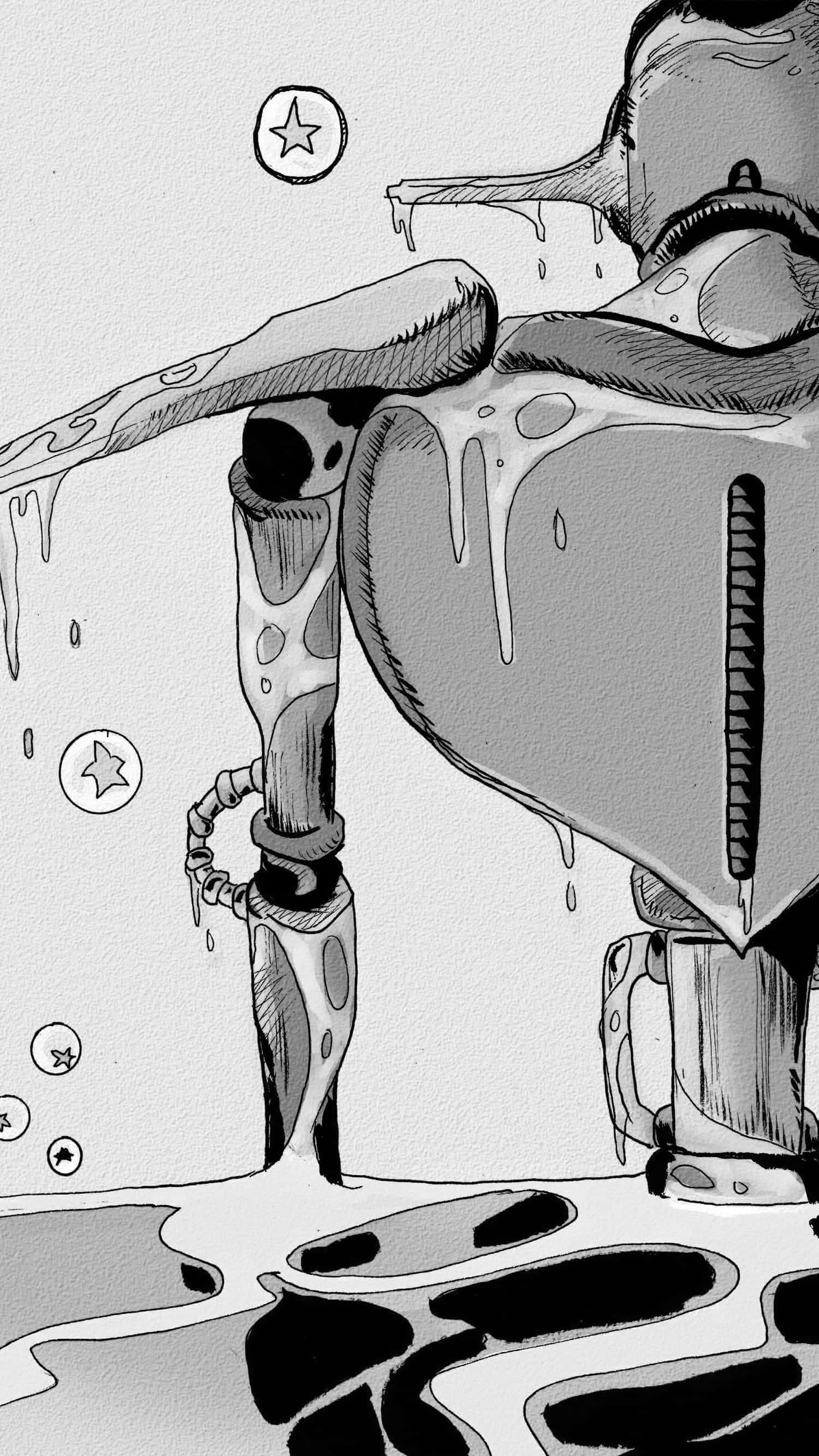 Soft And Wet, monochrome illustration, melting robot, 2K Phone Wallpaper