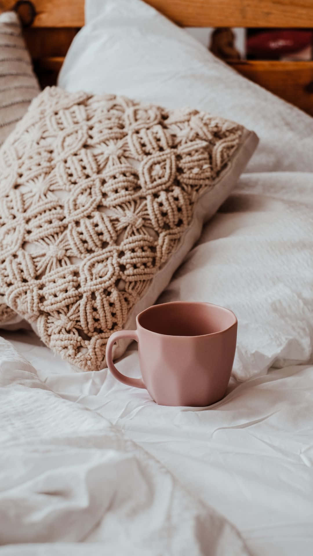 soft brown aesthetic, beige macrame pillow, wooden bed, Full HD Phone Wallpaper