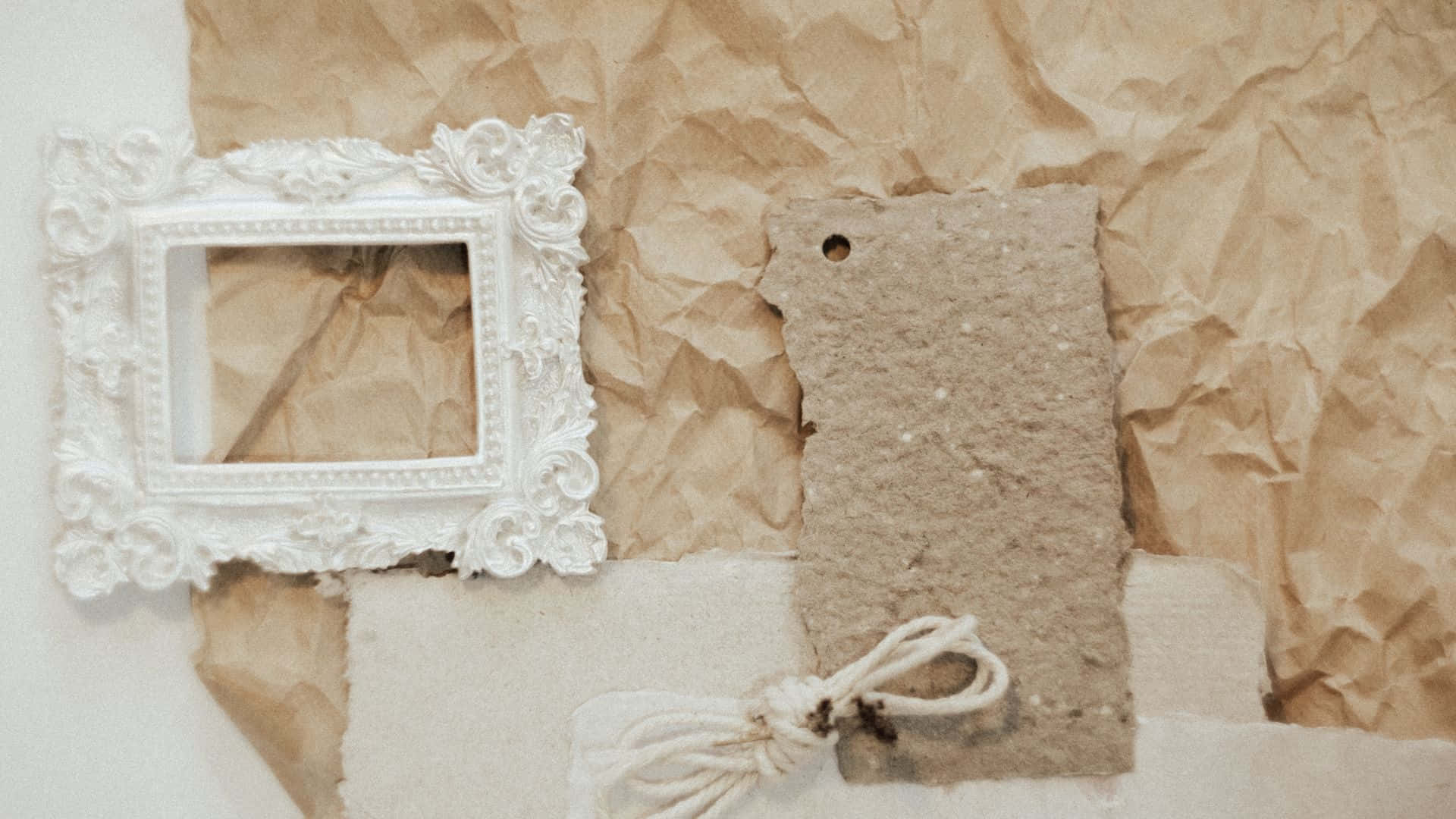 Soft Brown Aesthetic, white picture frame, textured paper tag, Full HD Desktop Wallpaper