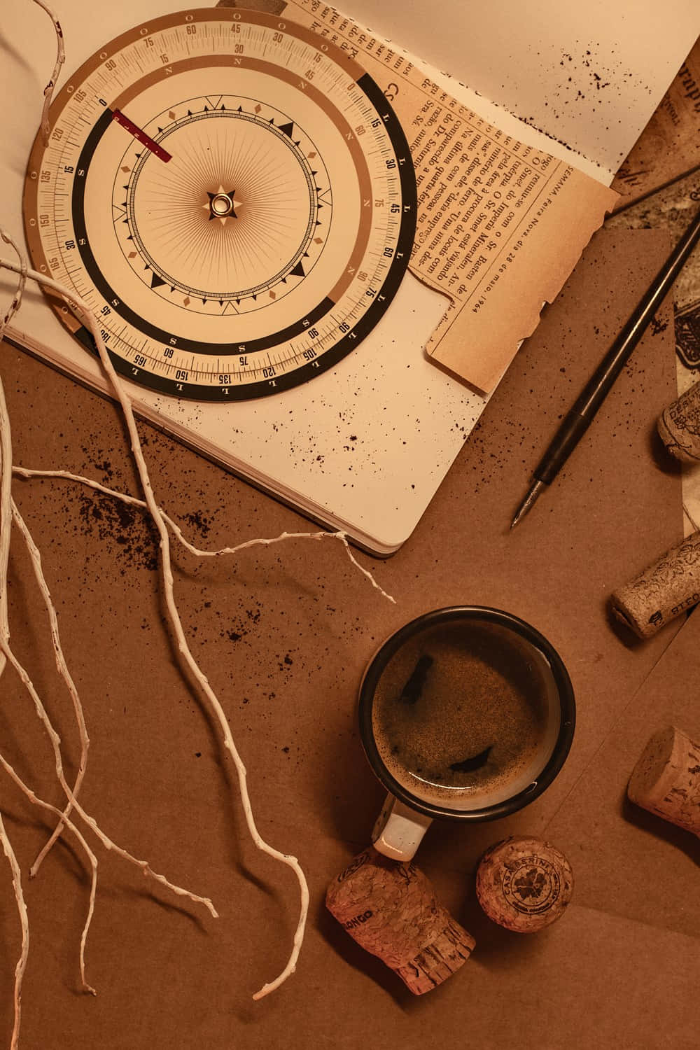Soft Brown Aesthetic, vintage compass, open notebook, HD Phone Wallpaper