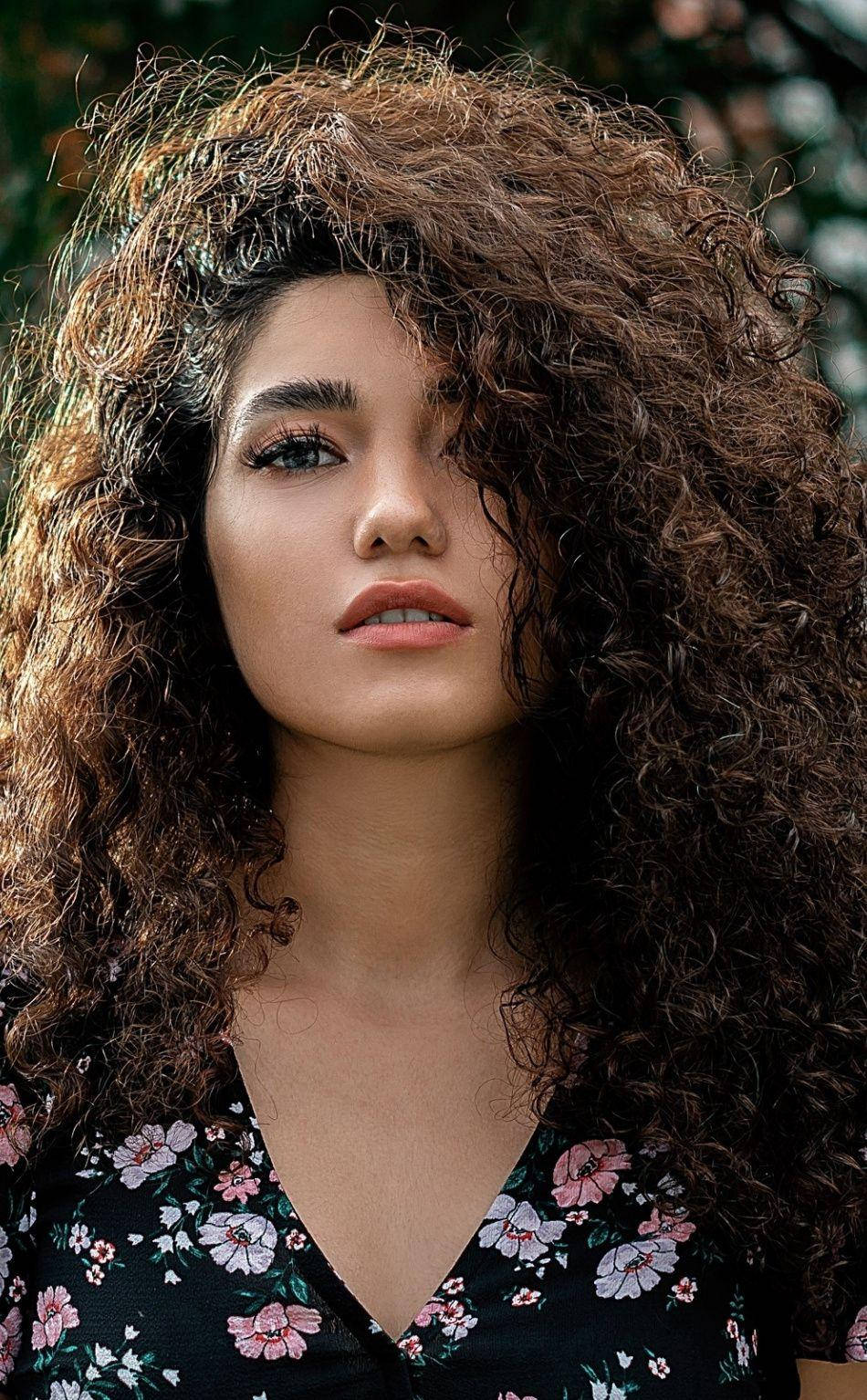 curly hair, floral top, dark curls, HD Phone Wallpaper