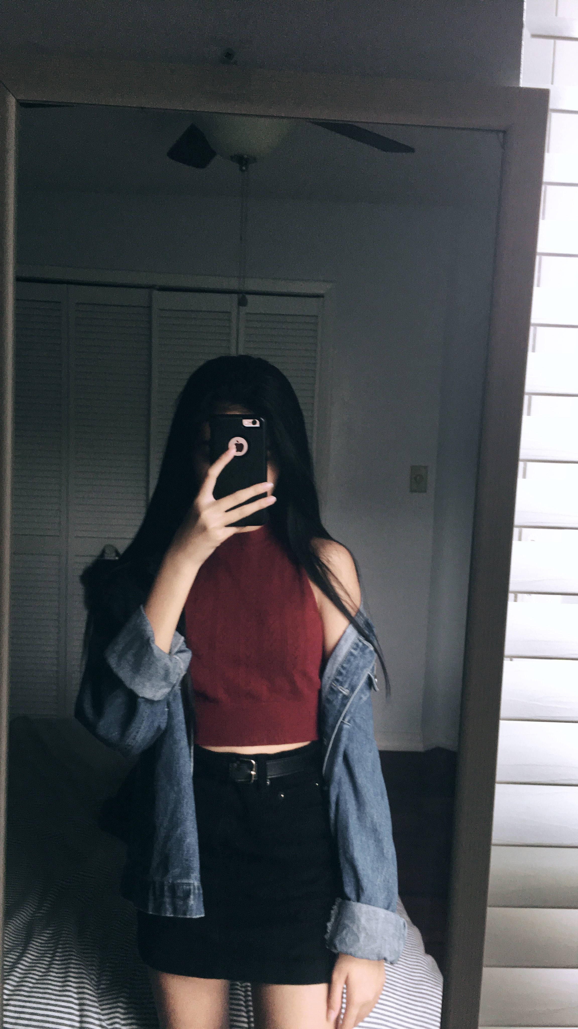 mirror selfie, dimly lit bedroom, long dark hair, 4K Phone Wallpaper