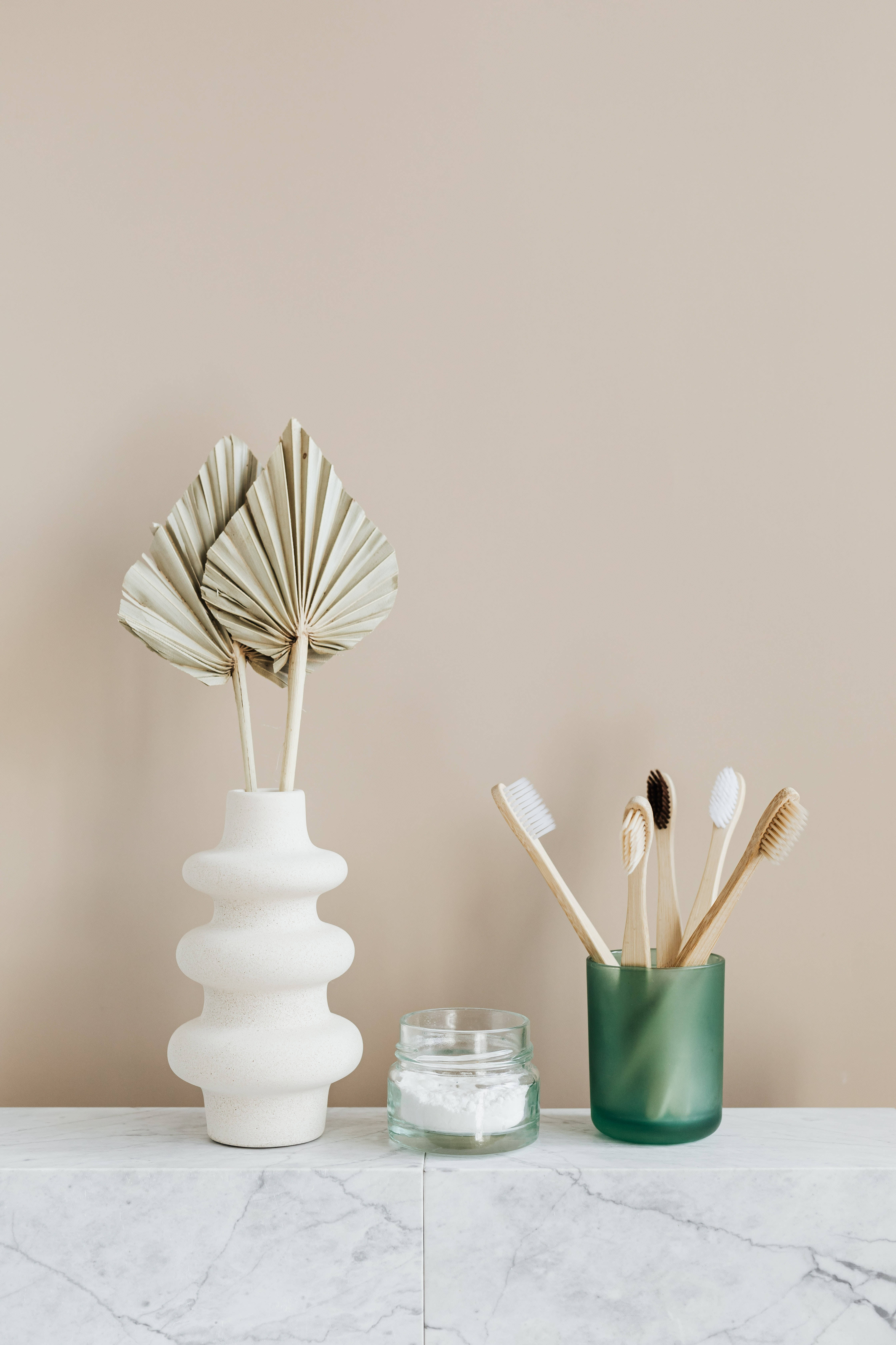 green minimalist design, minimalist bathroom counter, white textured vase, 5K Phone Wallpaper