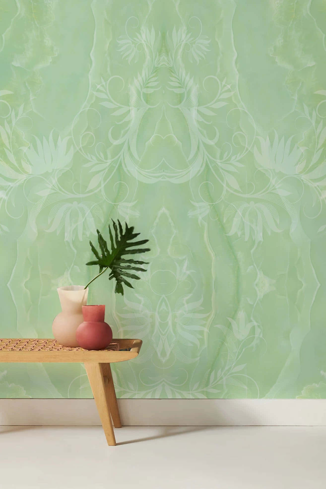 light green wallpaper, subtle white floral damask pattern, wooden bench, Full HD Phone Wallpaper