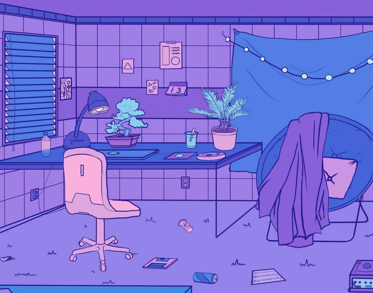 Soft Girl Aesthetic, purple-hued bedroom, desk chair, HD Desktop Wallpaper