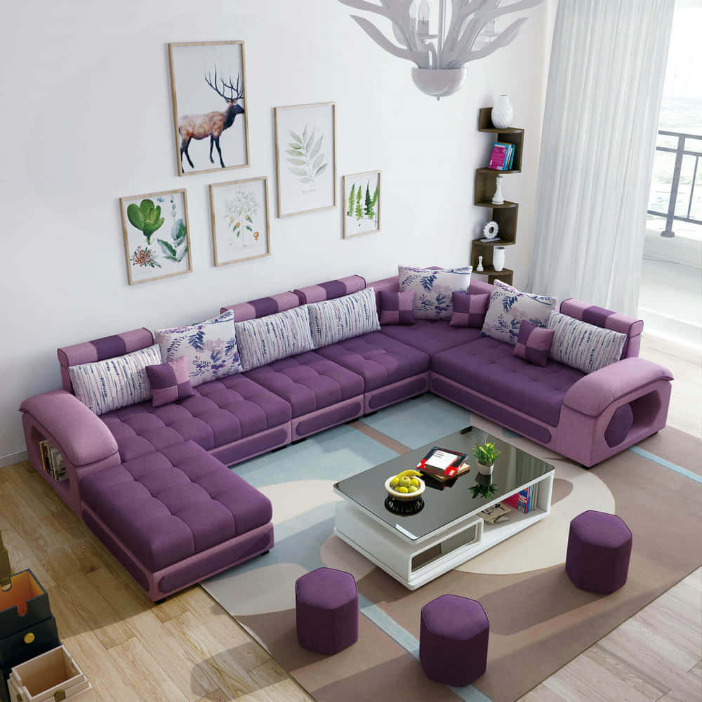 purple sectional sofa, patterned cushions, glass coffee table, SD Desktop Wallpaper