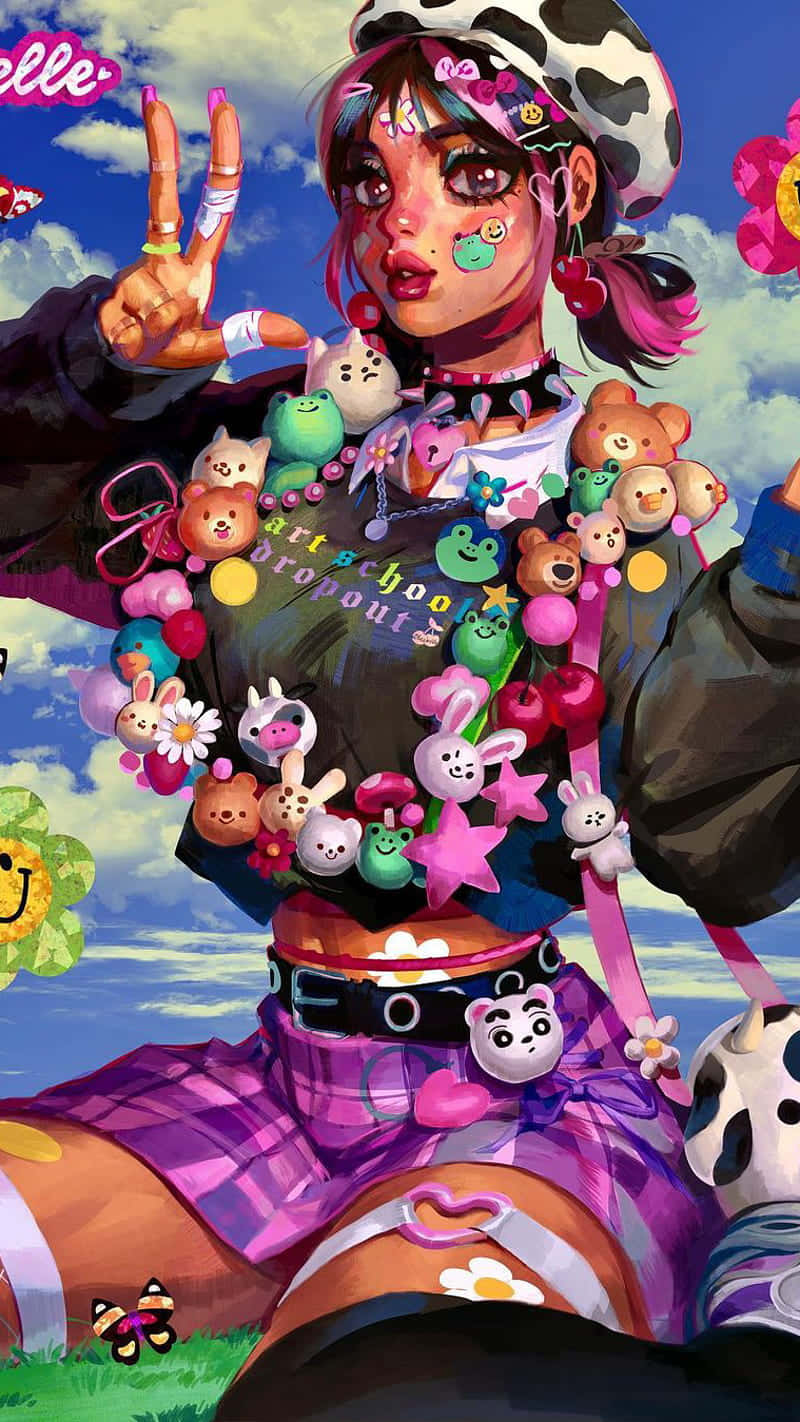 pink hair, cow print hat, colorful plush toys, HD Phone Wallpaper