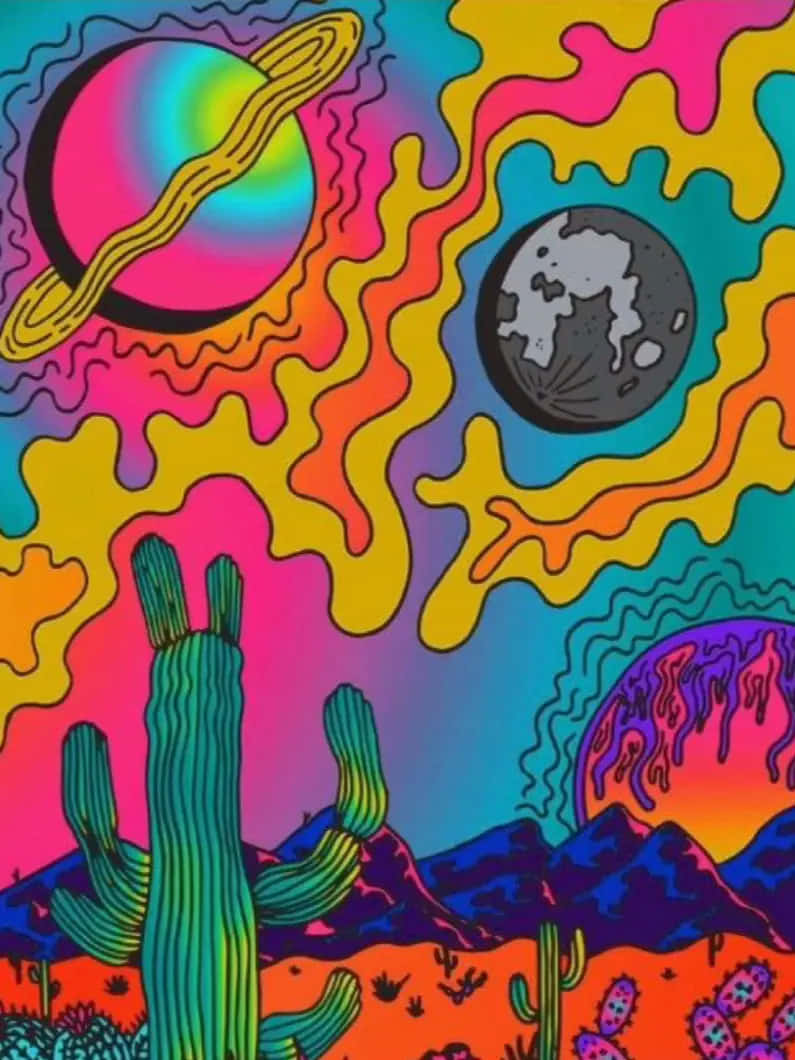 psychedelic desert scene, neon cacti mountains, swirling cosmic planets, SD Phone Wallpaper