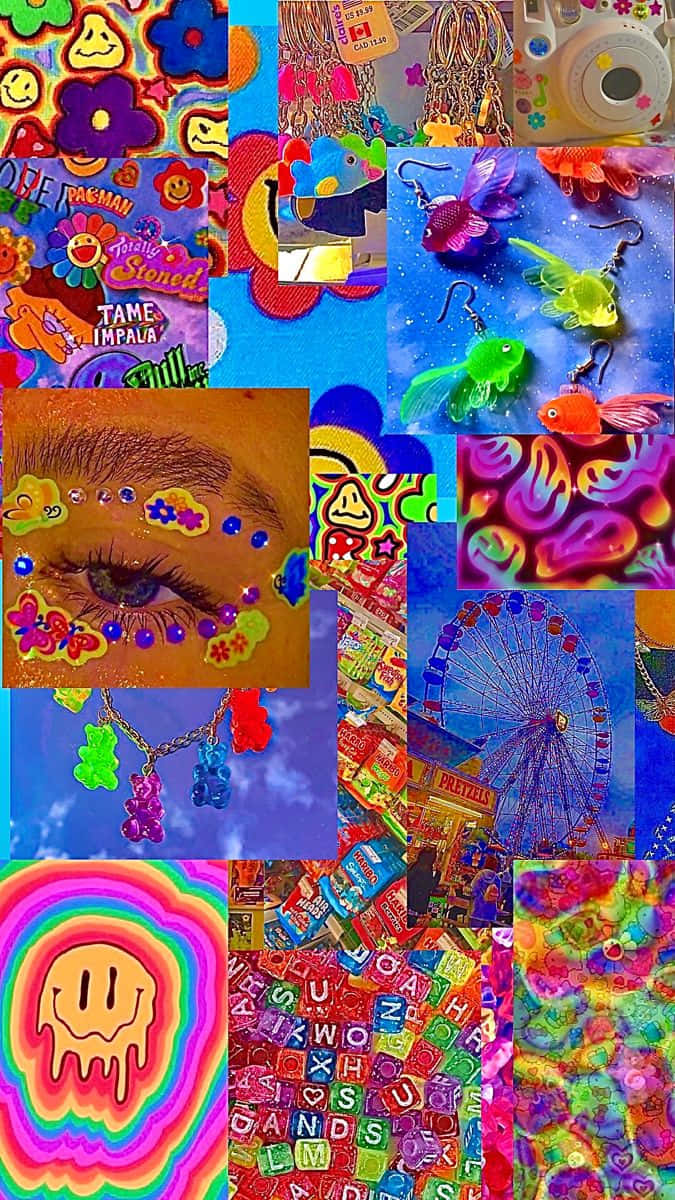 Soft Indie Aesthetic, neon stickers, gummy bears, SD Phone Wallpaper