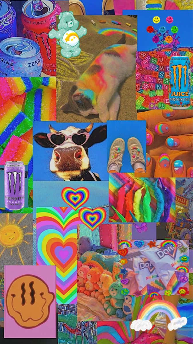 Soft Indie Aesthetic Collage Wallpaper, rainbow-themed items, cat, SD Phone Wallpaper