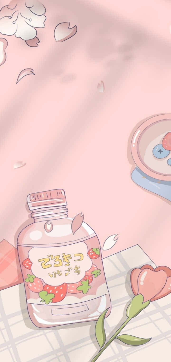 Soft Pink Aesthetic, strawberry-flavored drink bottle, cherry blossoms, HD Phone Wallpaper