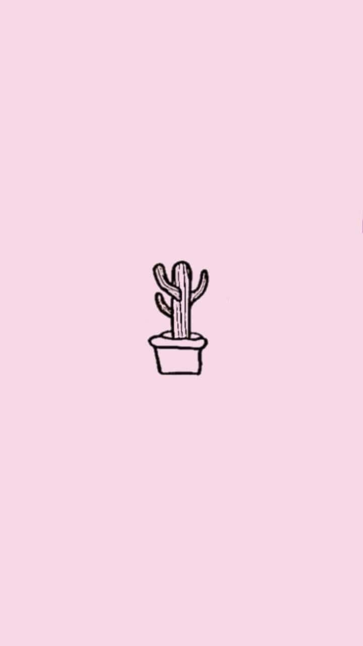 soft pink background, minimalist black line drawing, potted cactus, HD Phone Wallpaper