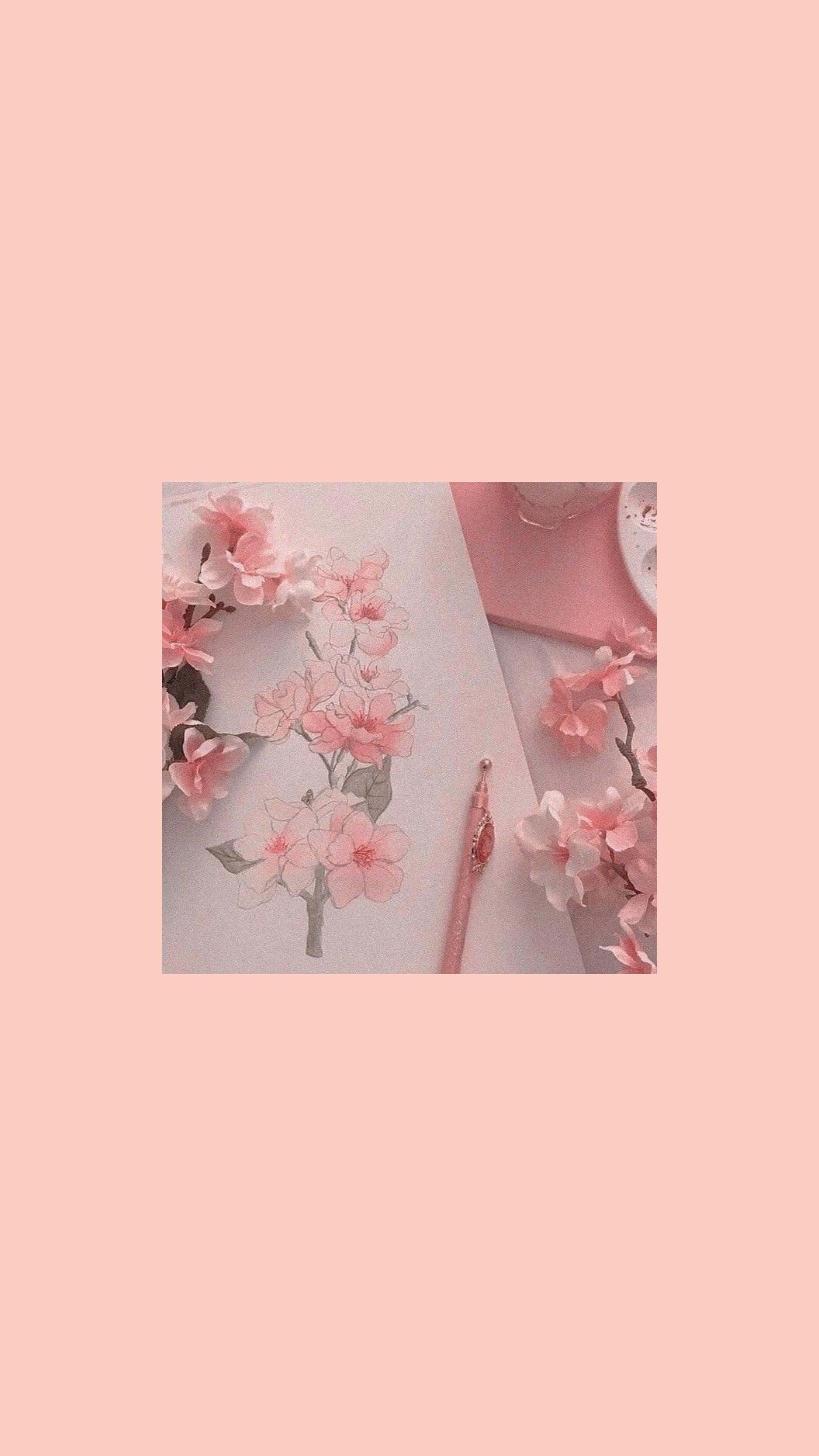 soft pink, cherry blossom illustration, pink pen, 5K Phone Wallpaper