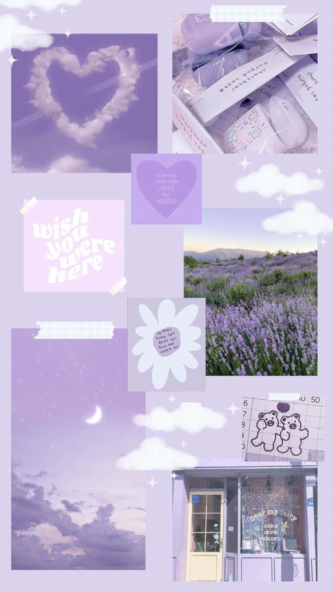 Soft Purple Aesthetic, lavender collage, heart clouds, SD Phone Wallpaper
