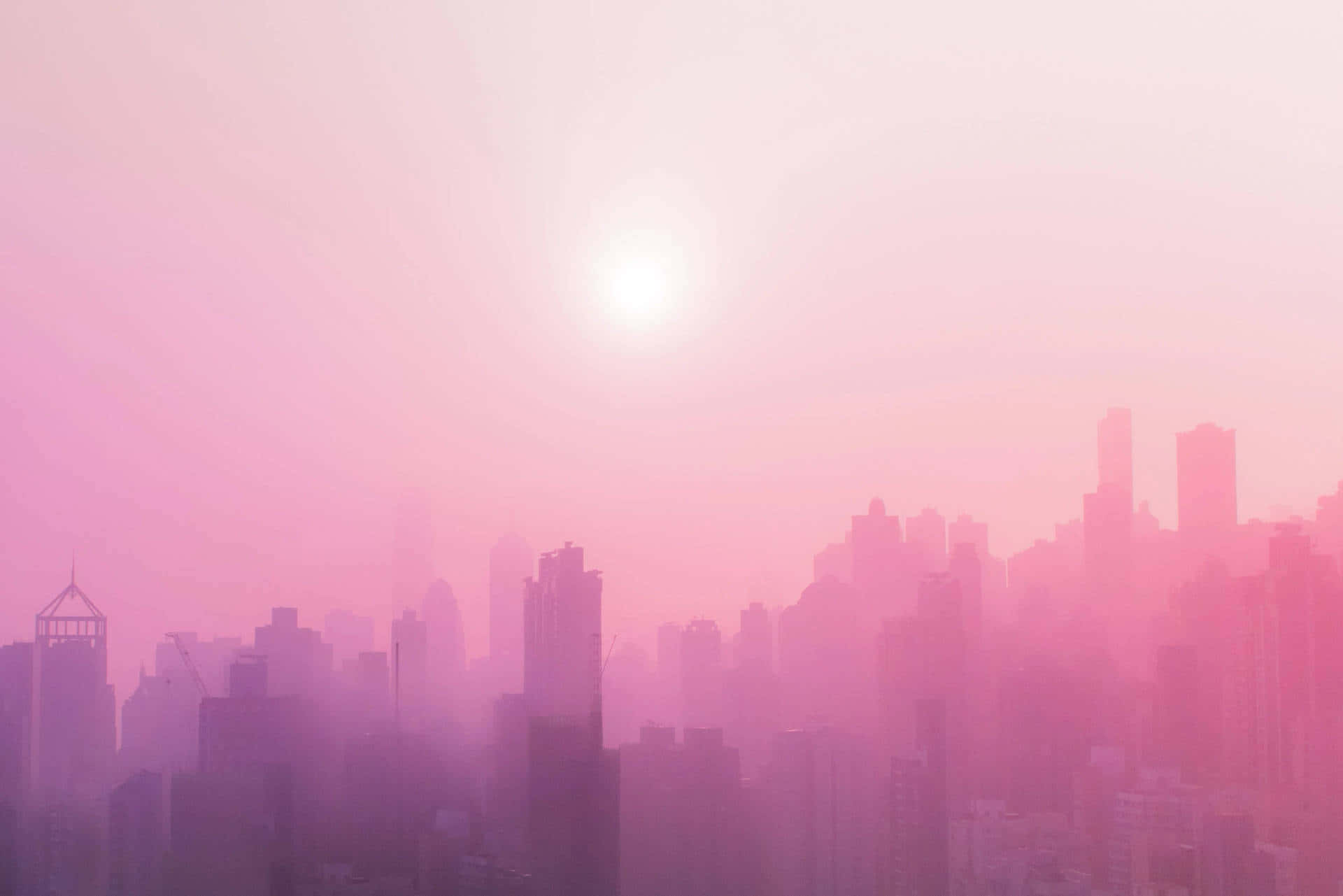 Soft Pink City Sky, hazy city skyline, soft pink and purple hues, Full HD Desktop Wallpaper