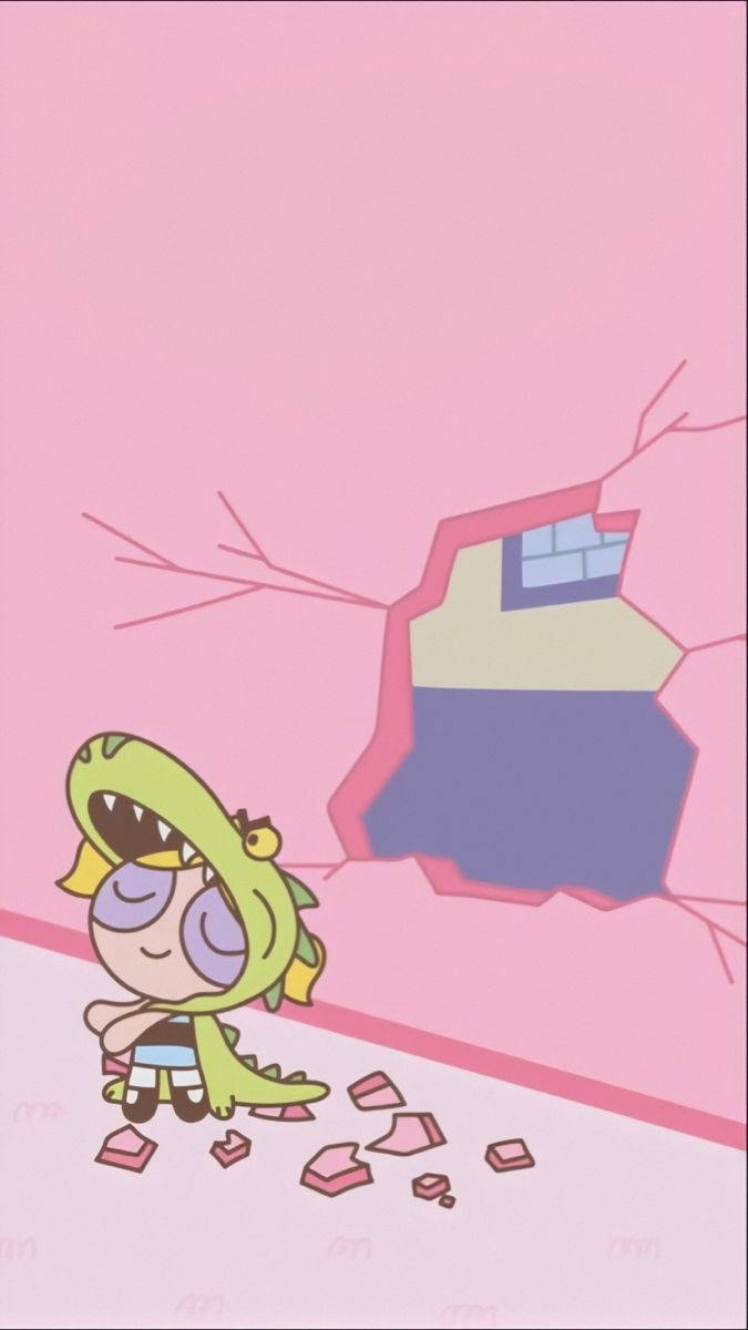 green dinosaur costume, cartoon girl, broken pink wall, SD Phone Wallpaper