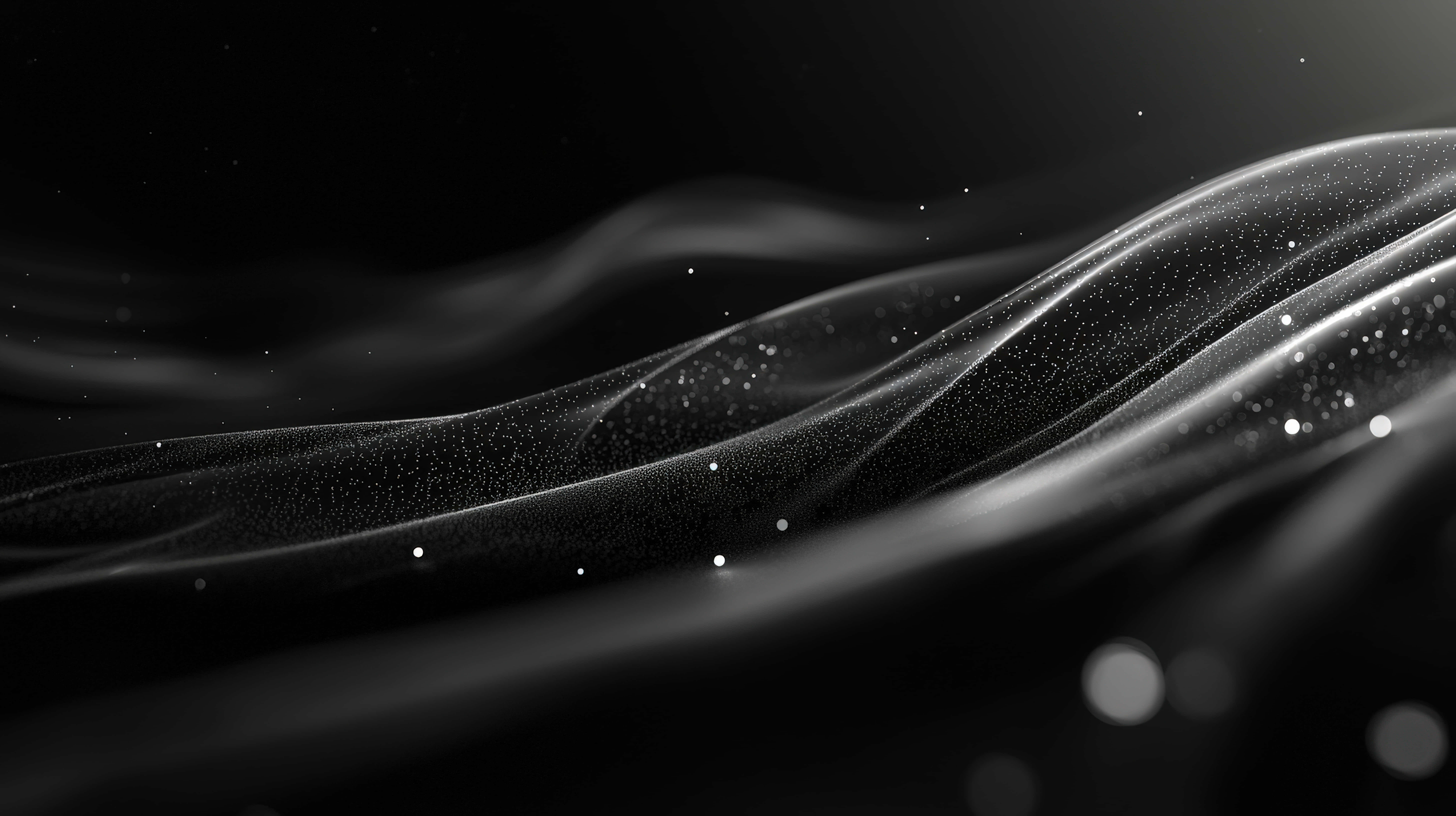 abstract black and white silk waves, floating sparkling particles, rippling waves, 8K Desktop Wallpaper