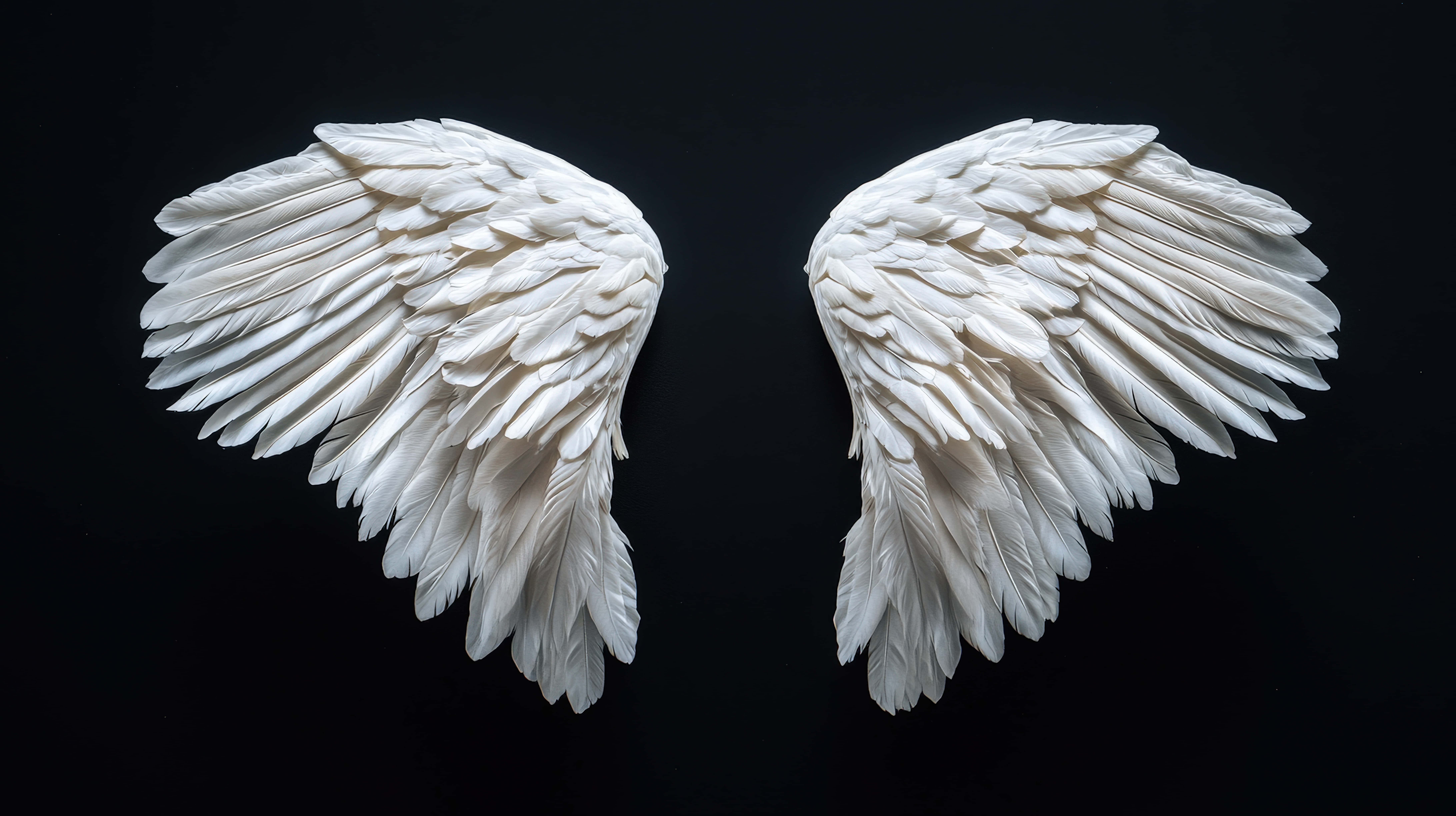 white angel wings, detailed feather textures, solid black background, 8K Desktop Wallpaper