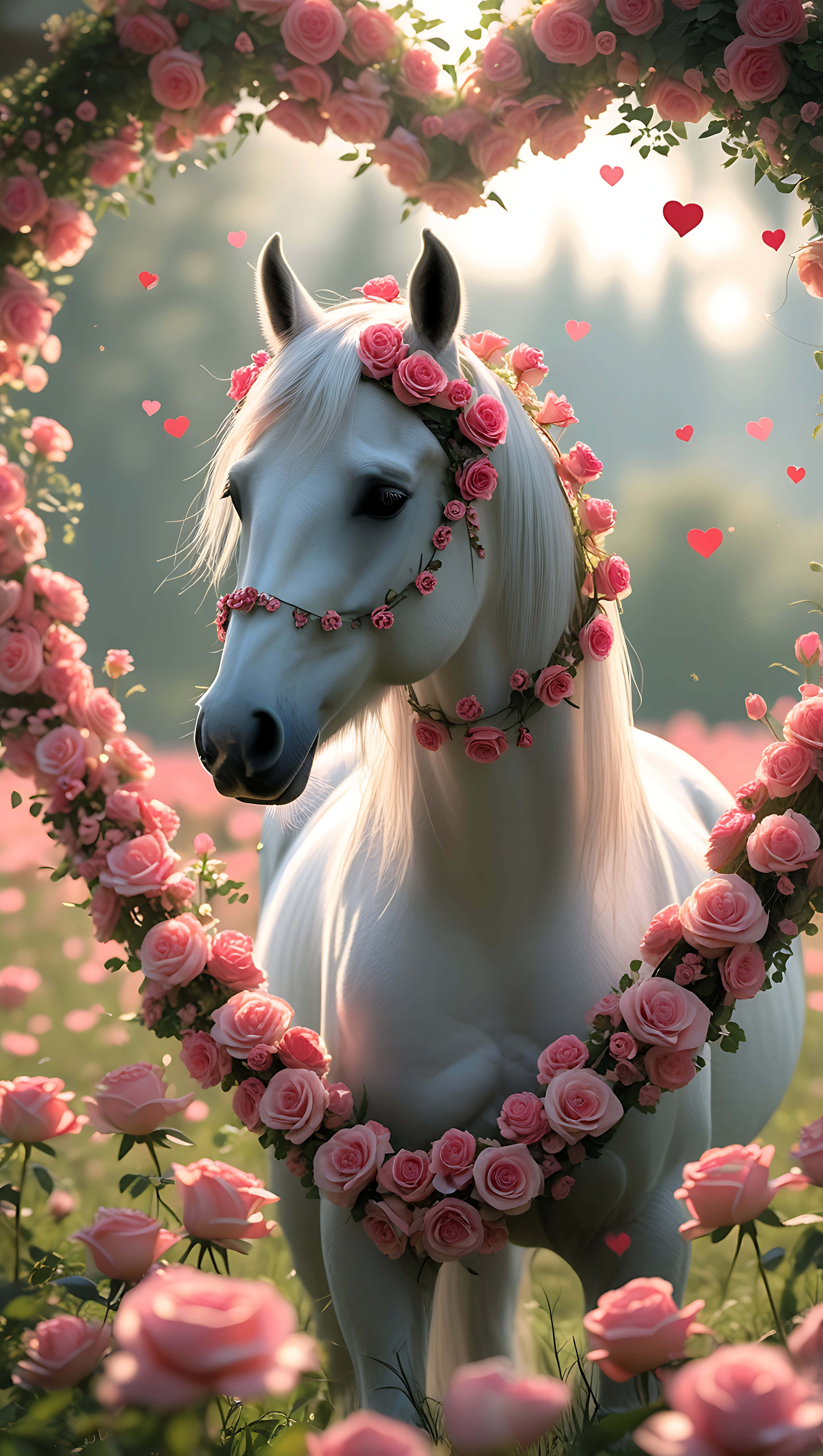 pristine white horse, pink rose garland, heart-shaped arch of blooming roses, 5K Phone Wallpaper
