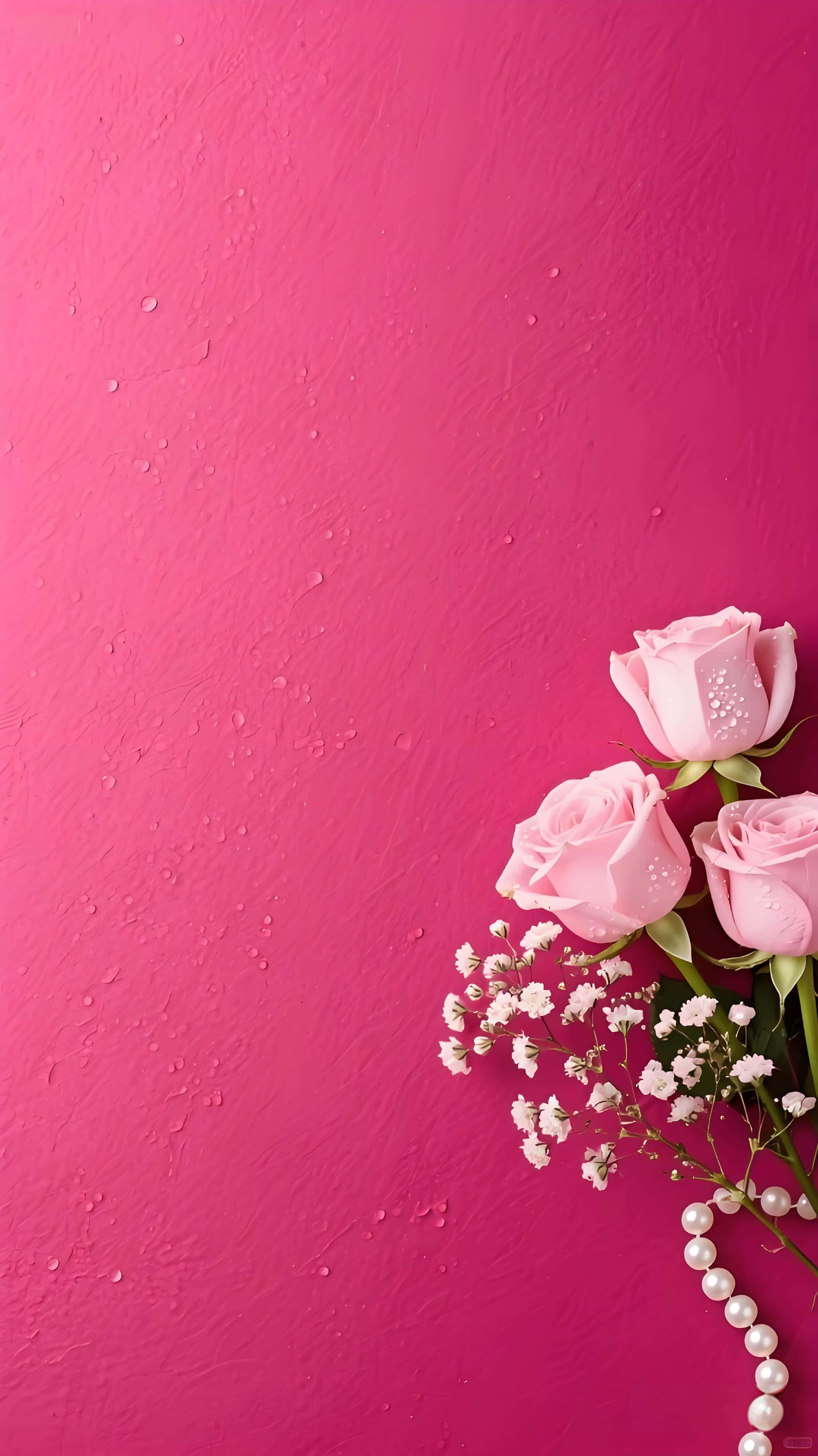 pink rose, pearl strand, baby's breath, 4K Phone Wallpaper