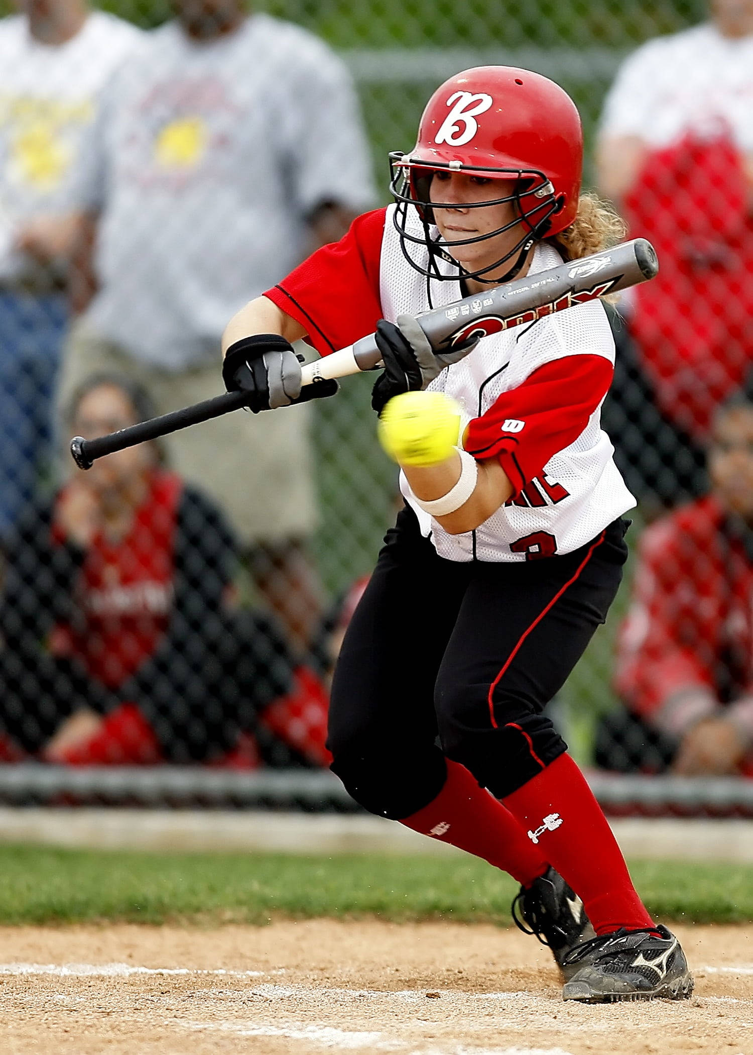 softball player, red and white uniform, bright yellow ball, Full HD Phone Wallpaper