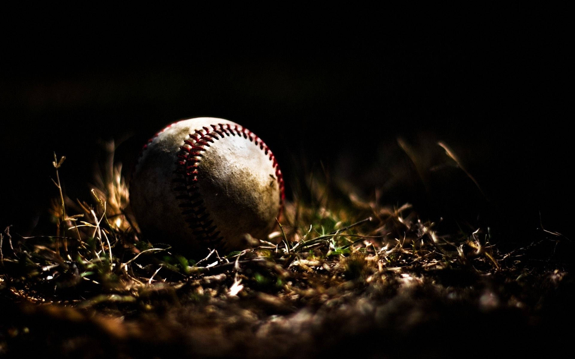 Softball, pitch black night, dry grass, Full HD Desktop Wallpaper