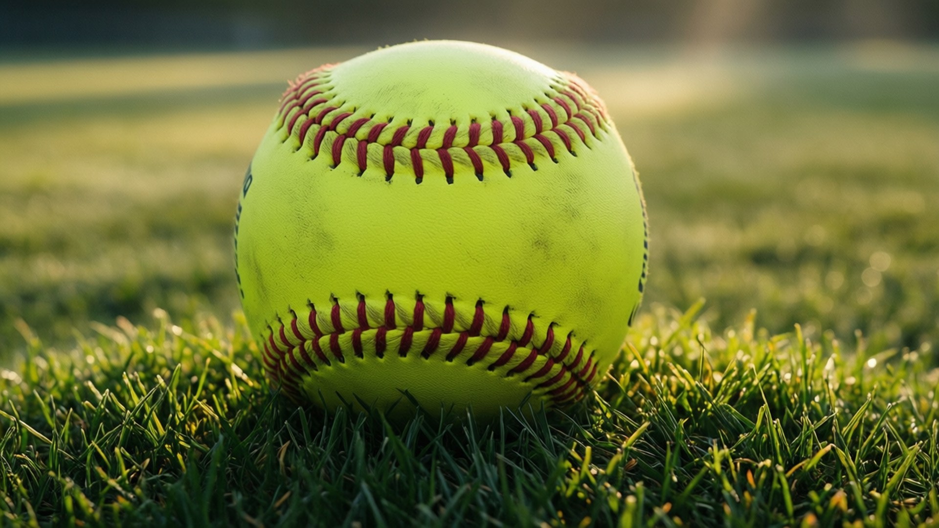 yellow softball, red stitching, vibrant green grass, Full HD Desktop Wallpaper