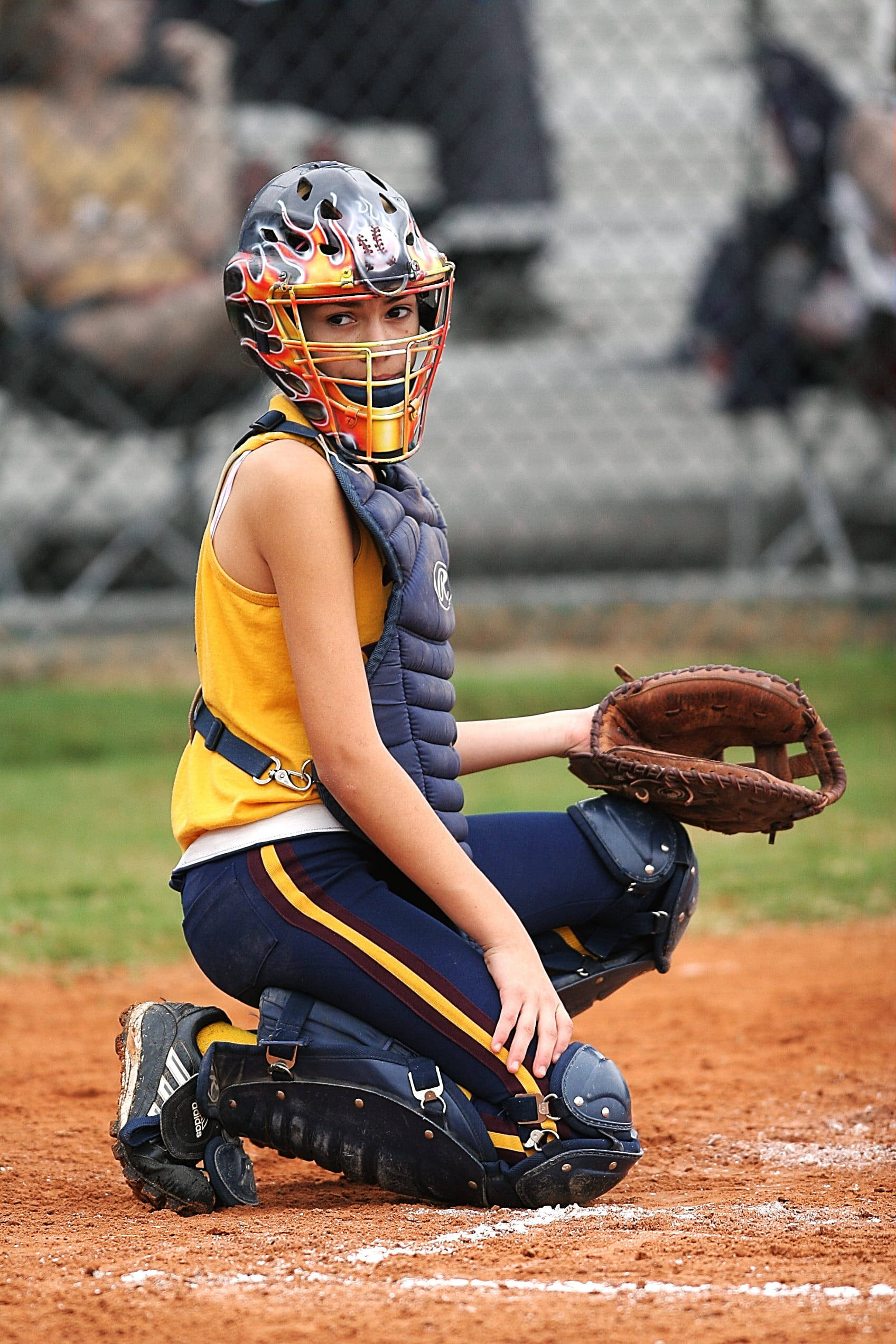 softball catcher, flame designed helmet, dirt field, Full HD Phone Wallpaper