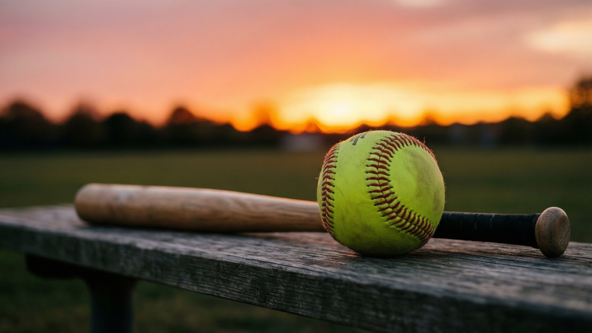 softball, wooden bat, weathered bench, Full HD Desktop Wallpaper