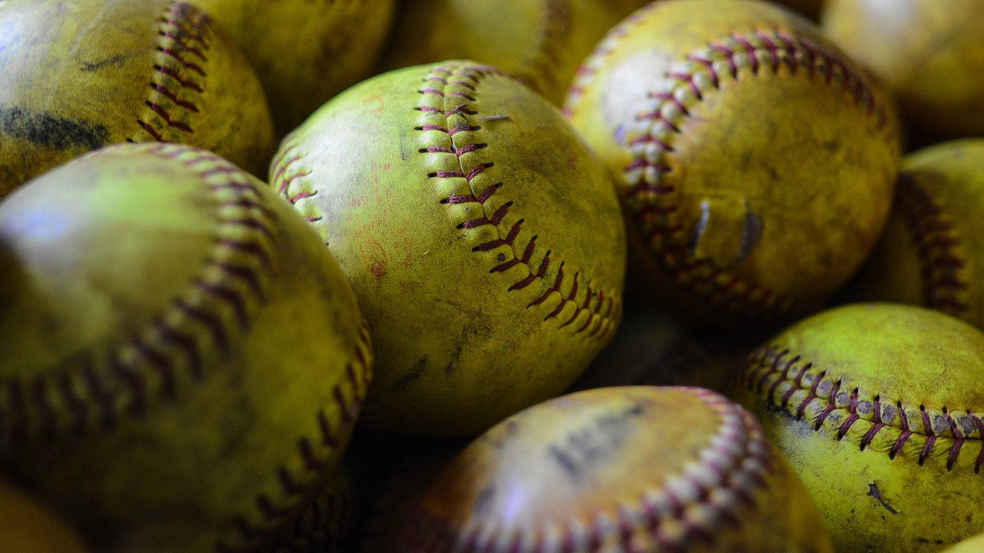 softball, yellow, red stitching, Full HD Desktop Wallpaper