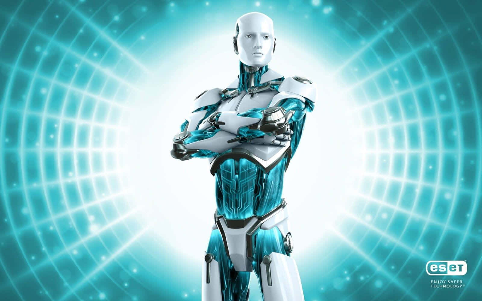 Antivirus, glowing blue digital grid, humanoid robot, HD Desktop Wallpaper
