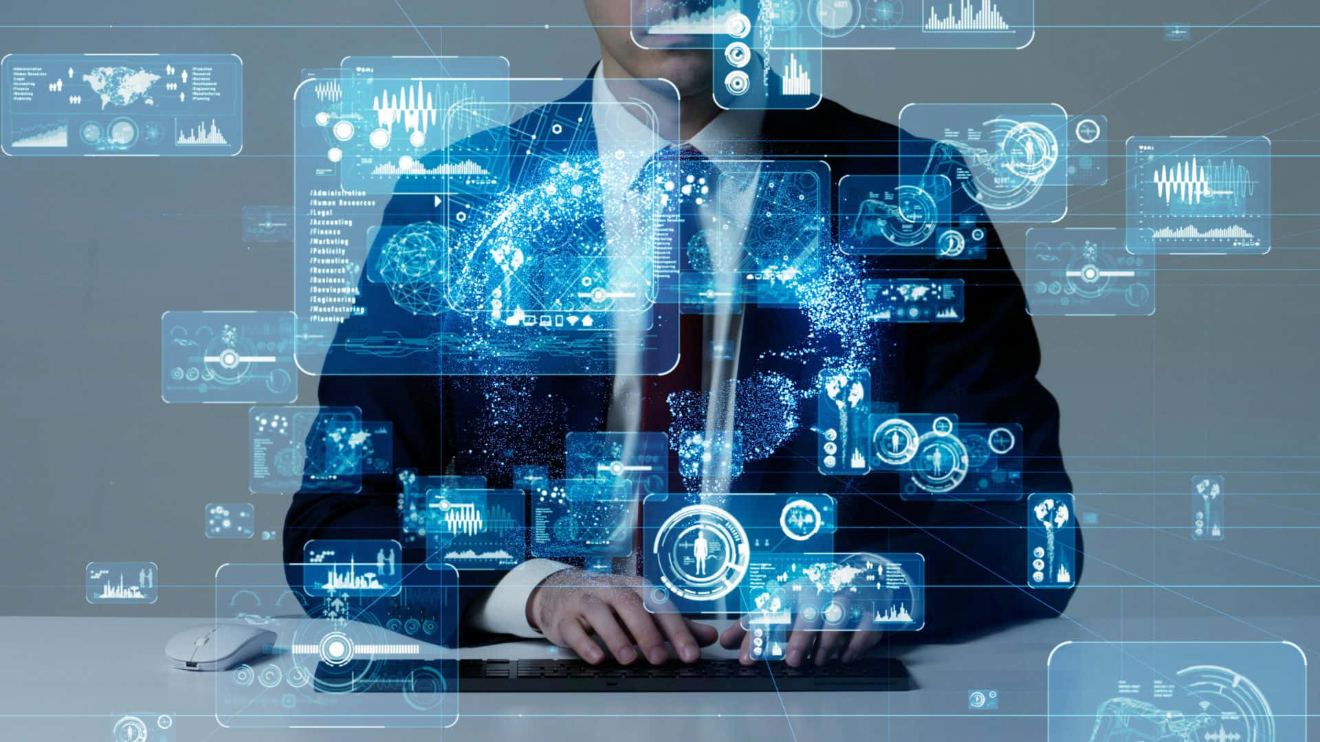 futuristic office setting, businessman in a suit, floating blue holographic data interfaces, Full HD Desktop Wallpaper