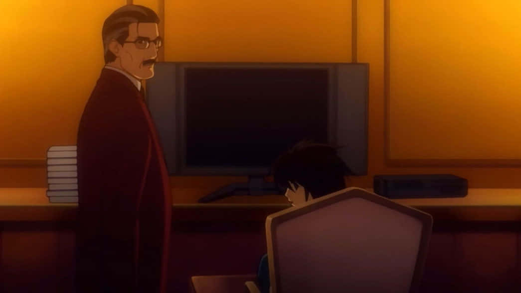Soichiro Yagami, red suit, warmly lit office, SD Desktop Wallpaper