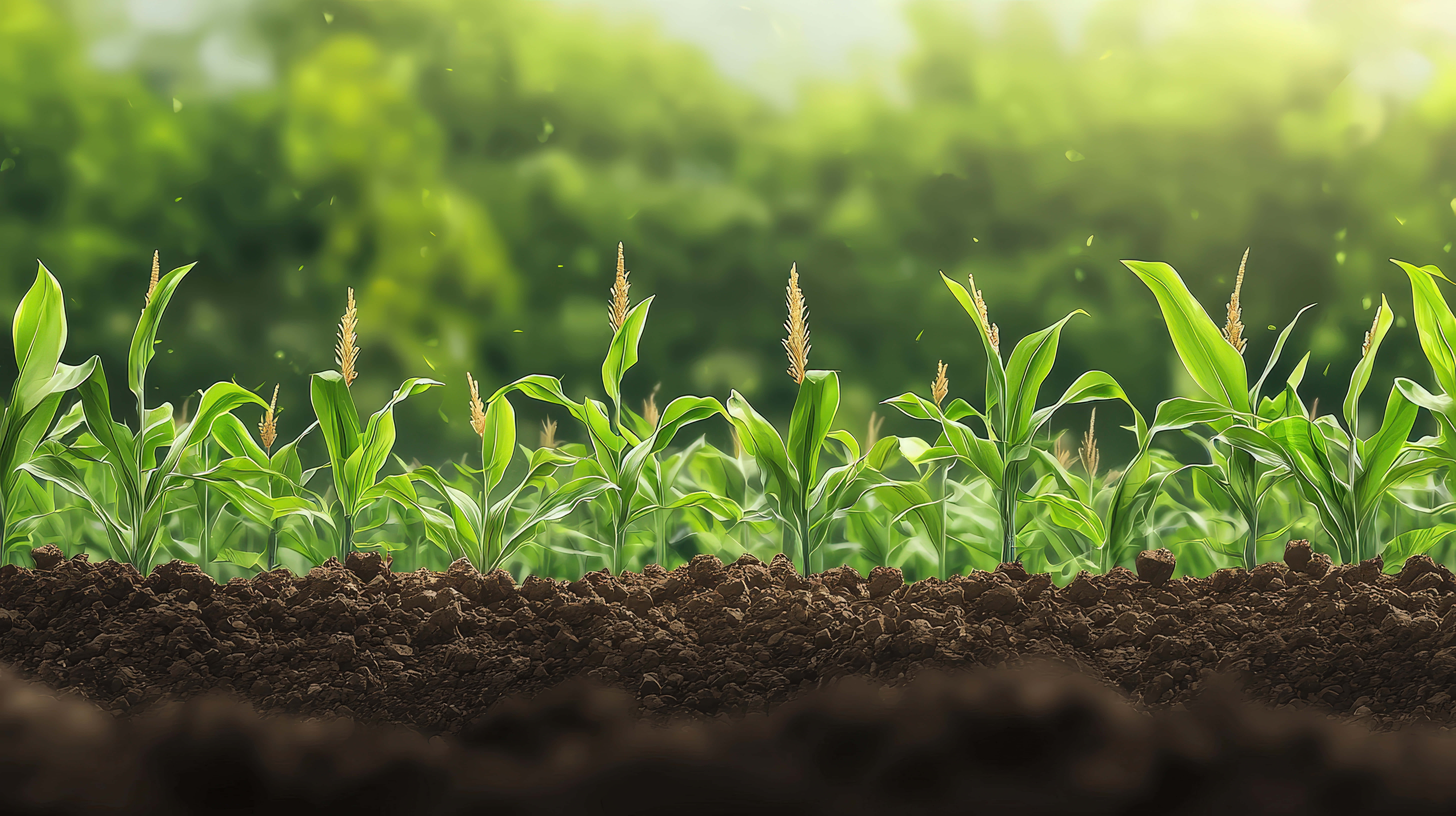 young corn plants, tassels, rich brown soil, 8K Desktop Wallpaper