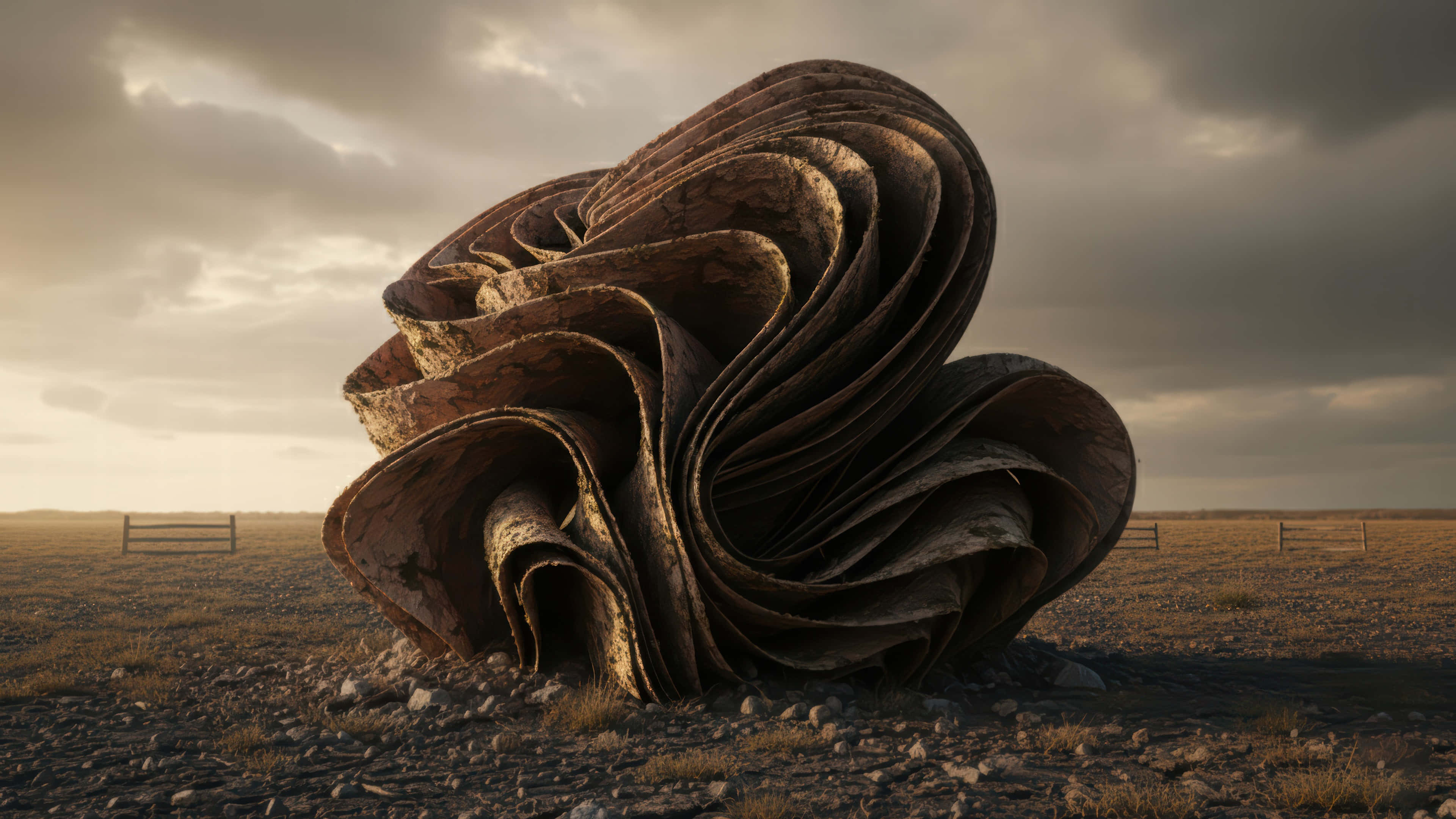 bloom out of the soil, massive spiraling rusted metal sculpture, barren field, 4K Desktop Wallpaper
