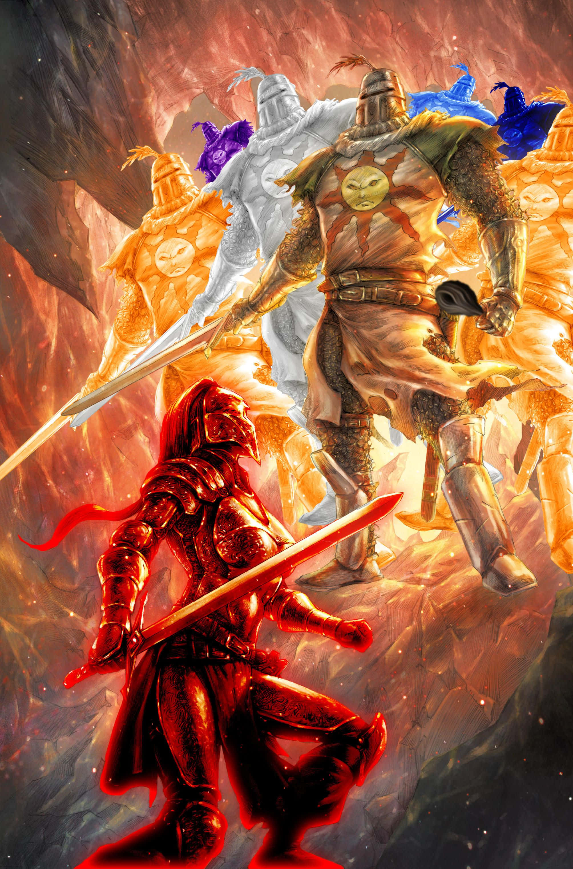 Solaire of Astora, red-armored knight, glowing sword, 2K Phone Wallpaper