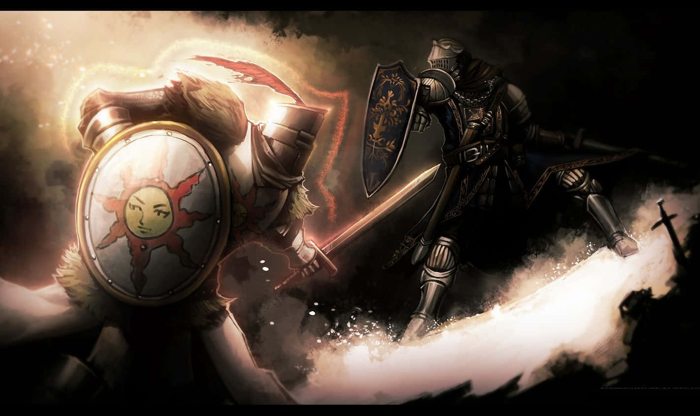 Solaire of Astora, glowing swords, shields, HD Desktop Wallpaper