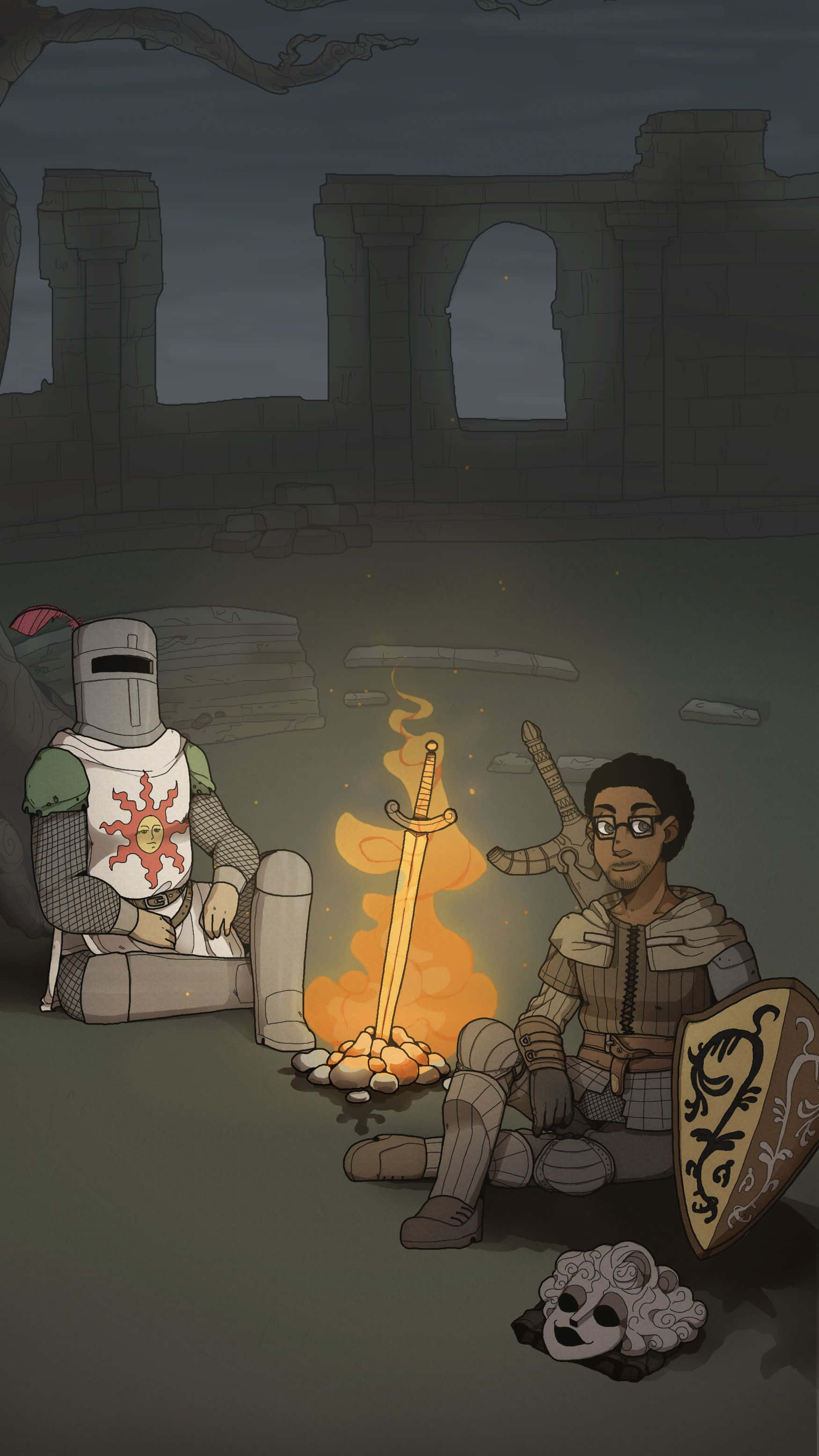 Solaire of Astora, glowing sword, campfire, 2K Phone Wallpaper